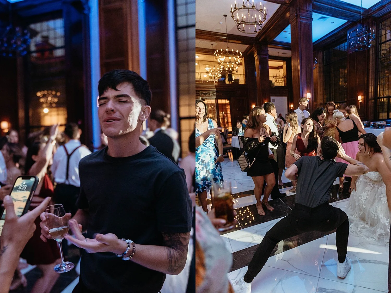 left, a man is singing while holding a glass of wine. right, the same man is doing an exaggerated squat.