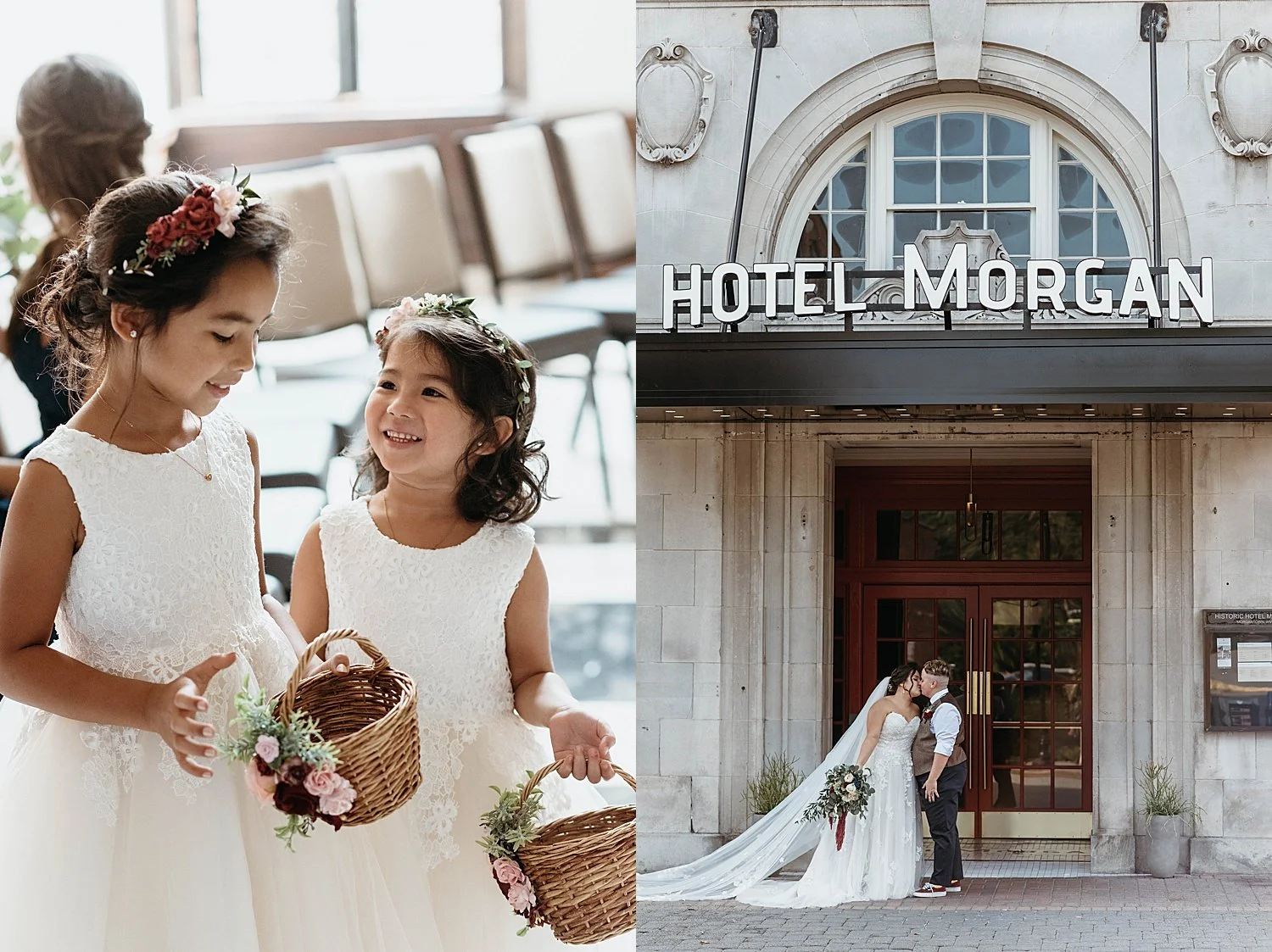 on the left, two flower girls in white dresses wearing flower crowns are smiling. on the right, bride and groom kiss under the hotel morgan sign.