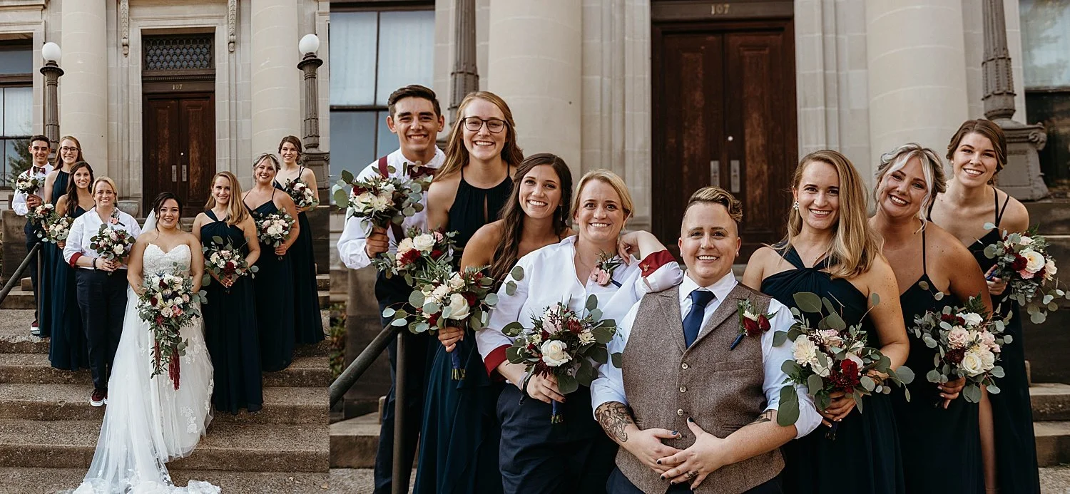 Bride with her wedding party on the left, groom with his on the right. both are arranged in a V formation.