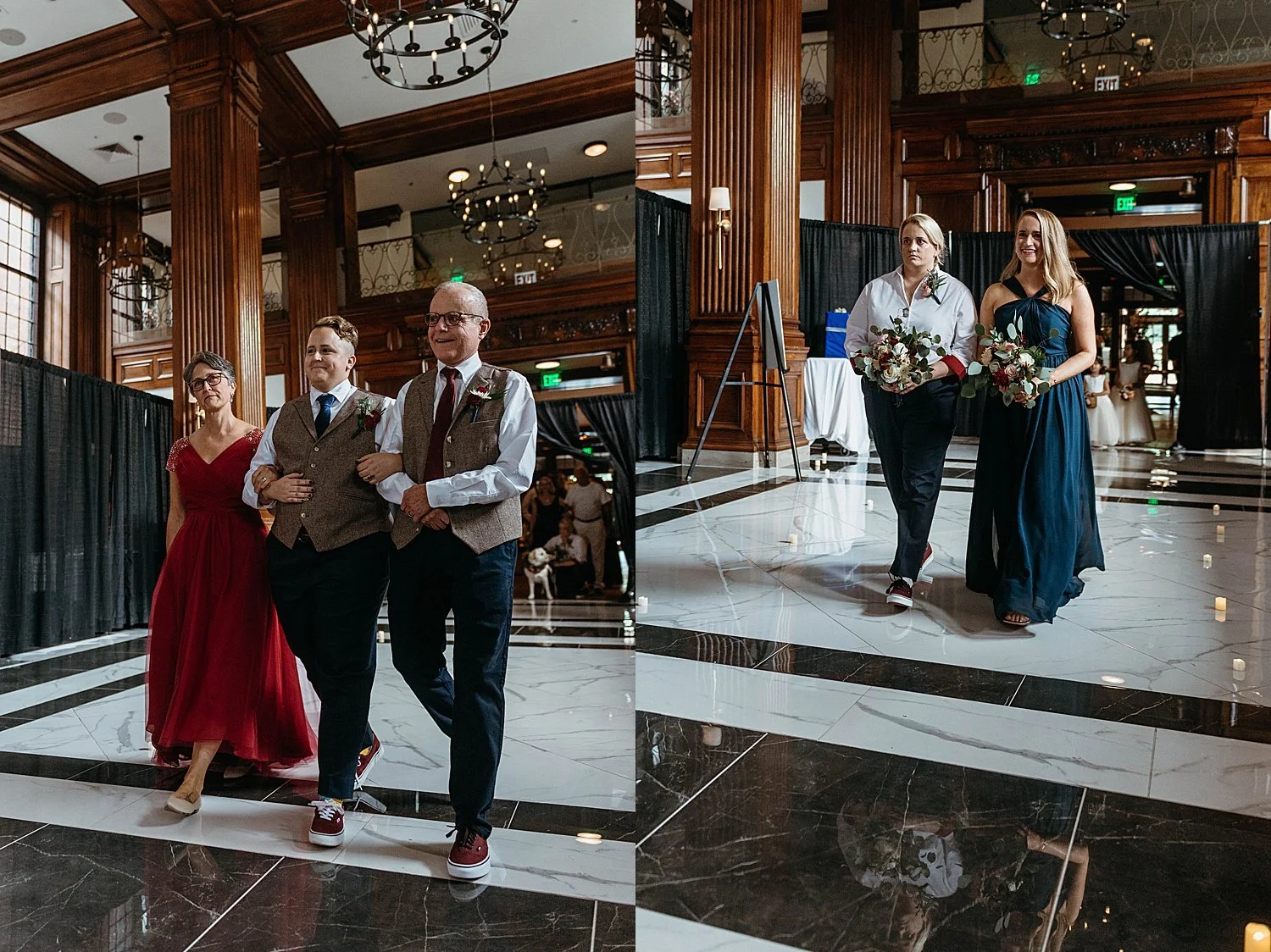 Groom walking down the aisle with his parents