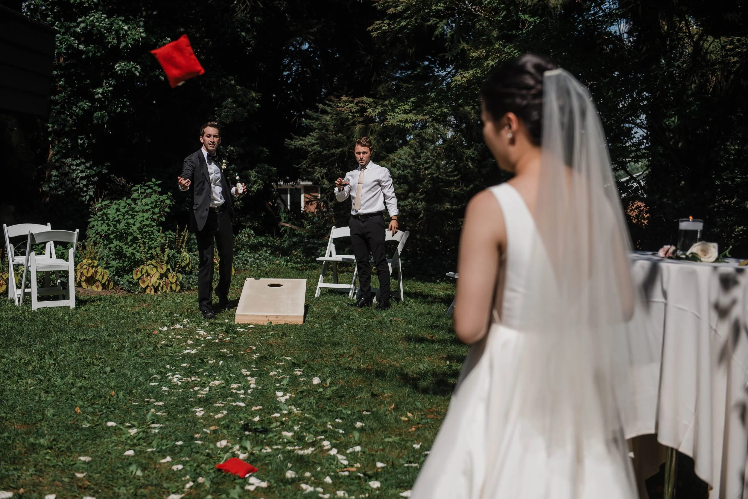 Cornhole at a wedding at the Hyeholde