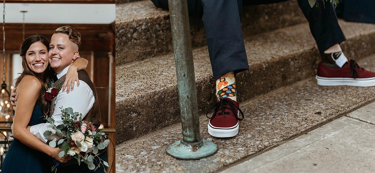 Groom wearing socks that feature Kevin from the movie Up