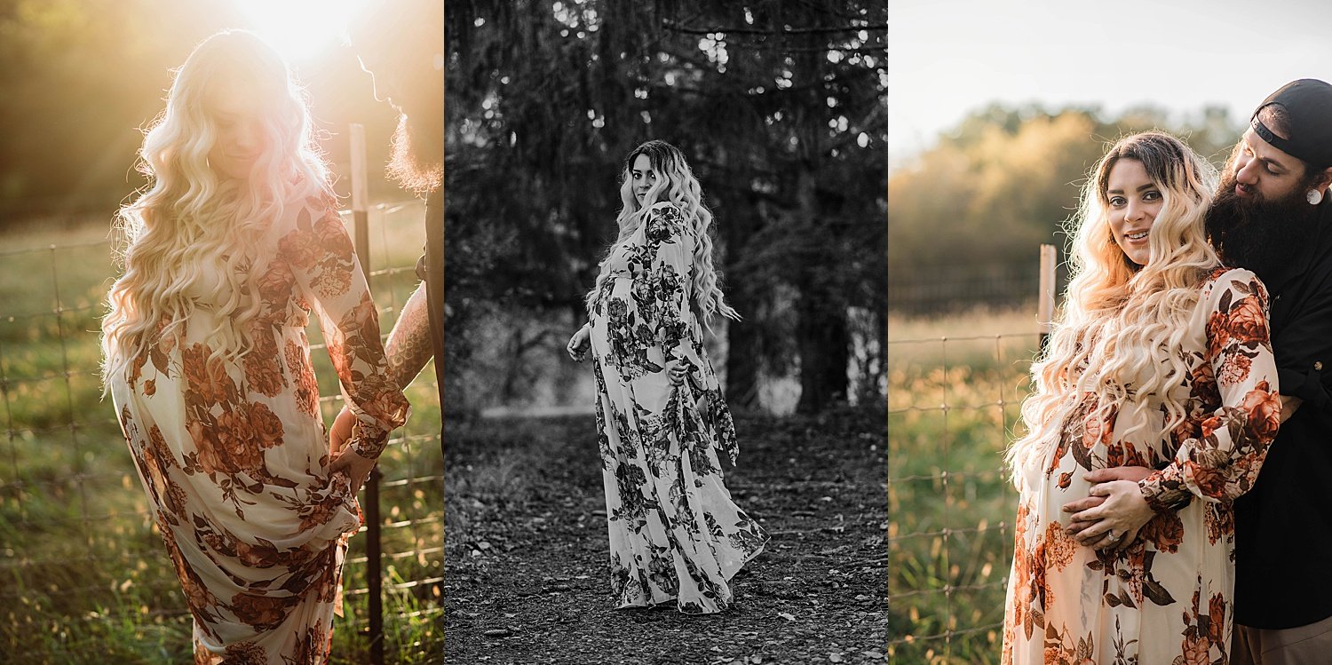 A pregnant woman in a flowing floral maxi dress, with long blonde wavy hair
