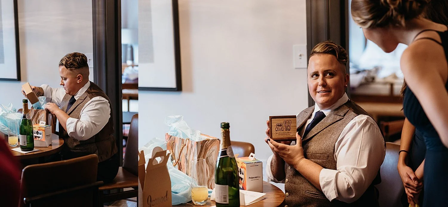 Groom opens gift from bride before wedding