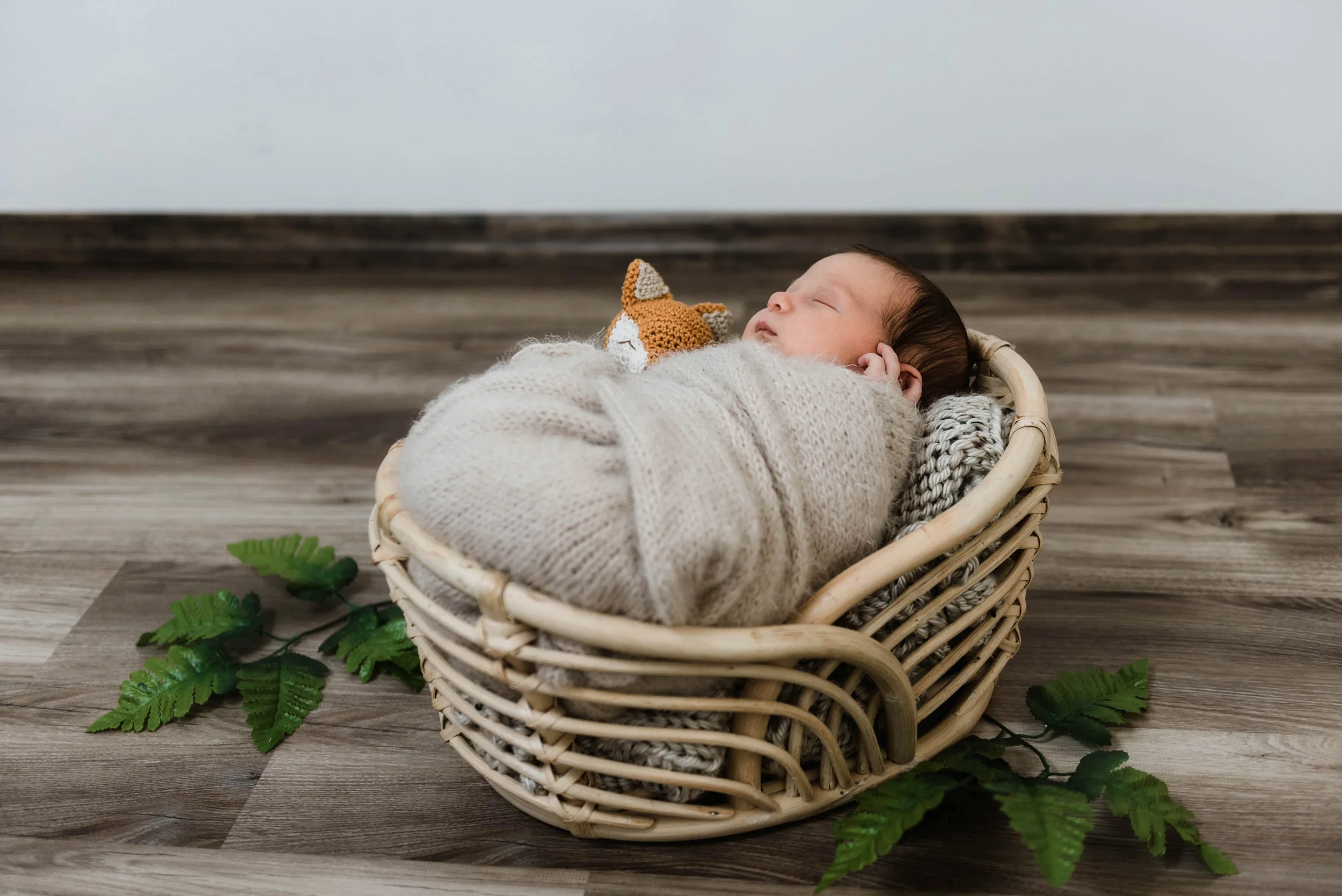 A sleeping baby wrapped in a cozy blanket, lying in a wicker basket on a wooden floor, with green leaves beneath the basket. Studio newborn portrait, Brownsville PA.