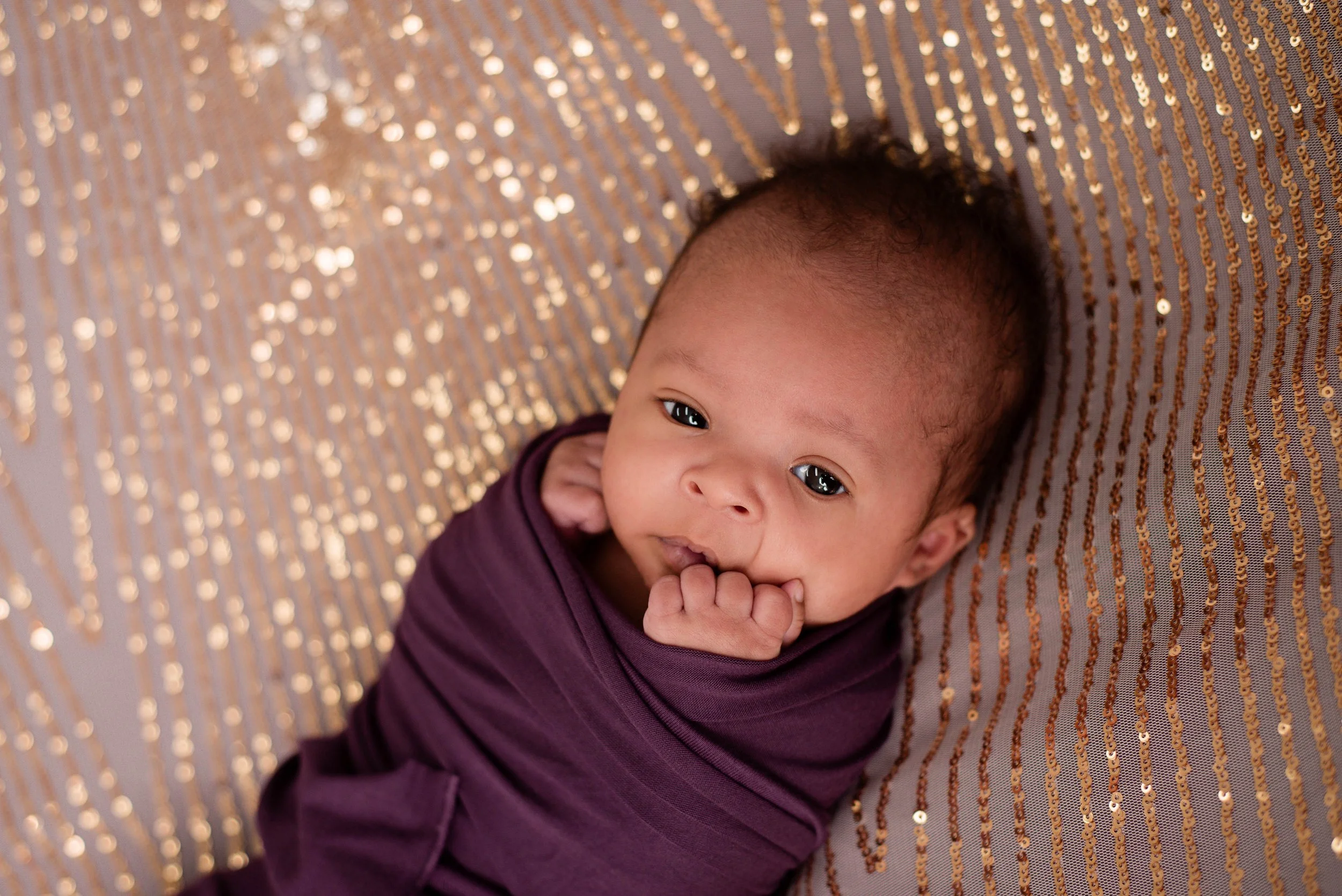 A baby lying on a gold sequined surface, wearing a dark purple outfit, looks up at the camera with fingers in mouth. Studio newborn portrait, Brownsville PA.
