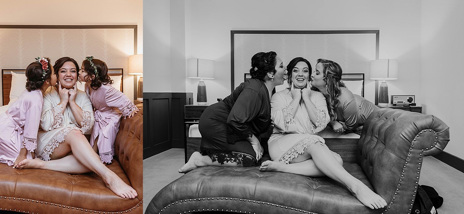 Two flower girls give the bride a kiss on each cheek, then two bridesmaids do the same.