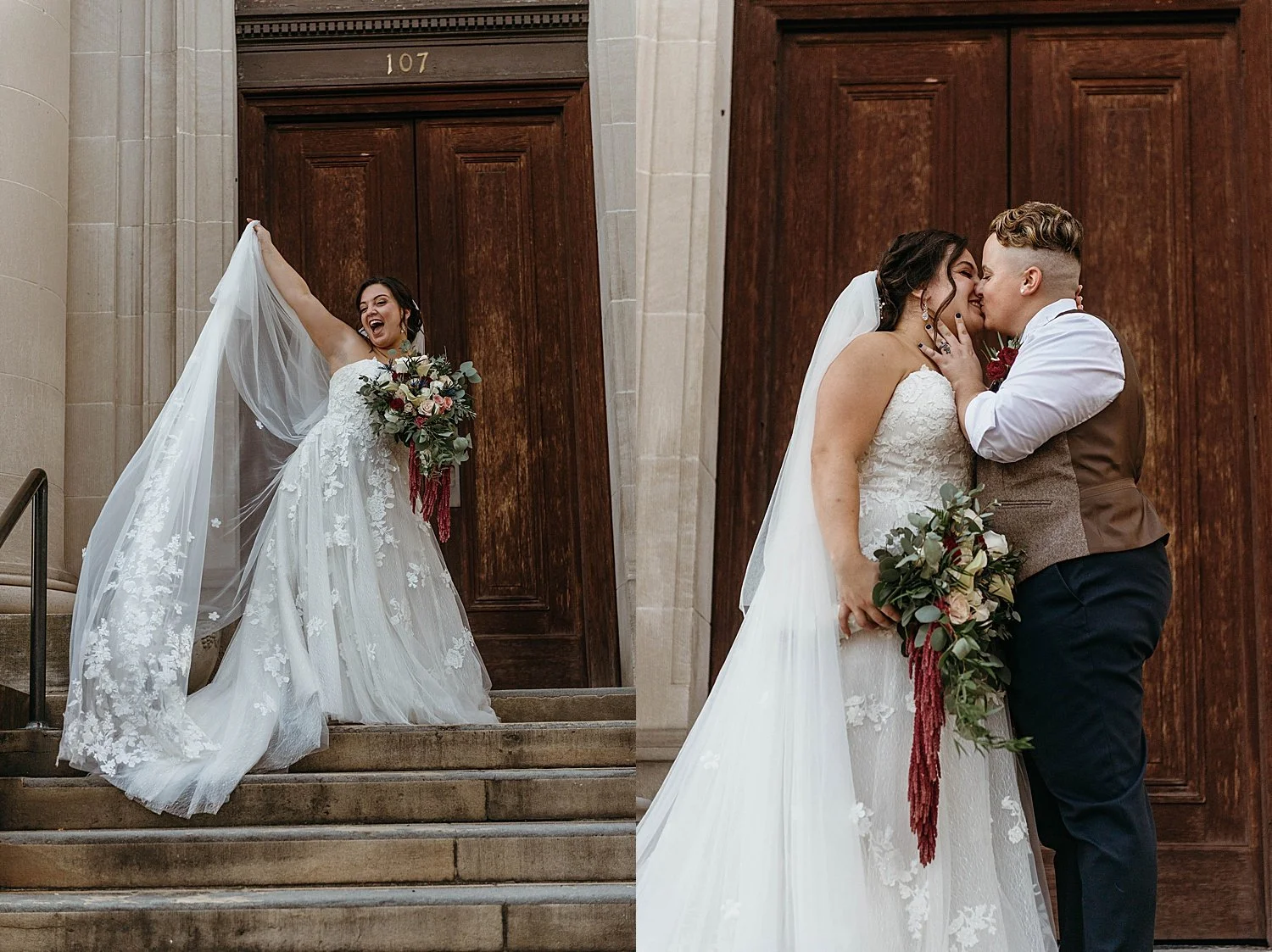 bride and groom kiss on the stairs