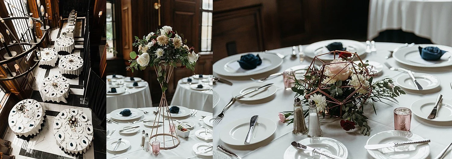Details of table layout at wedding reception at hotel morgan, the colors are pink and blush and blue with metal accents