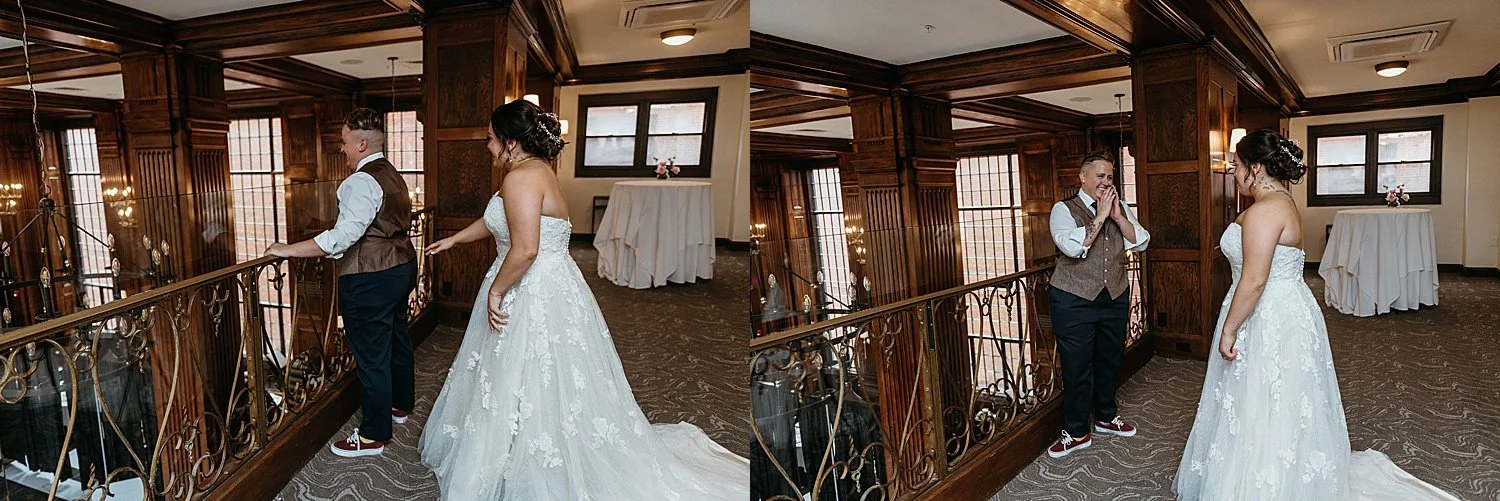 Bride walking up to goom for first look before wedding