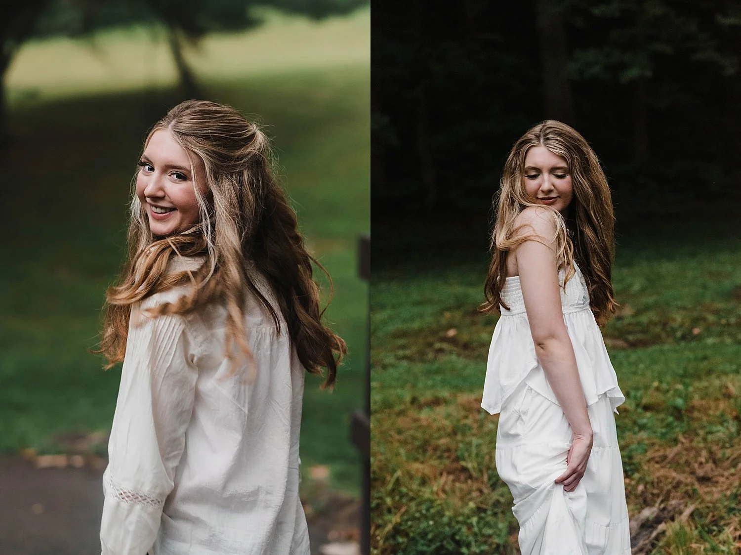 a young blonde girl poses for senior portraits at mingo creek park