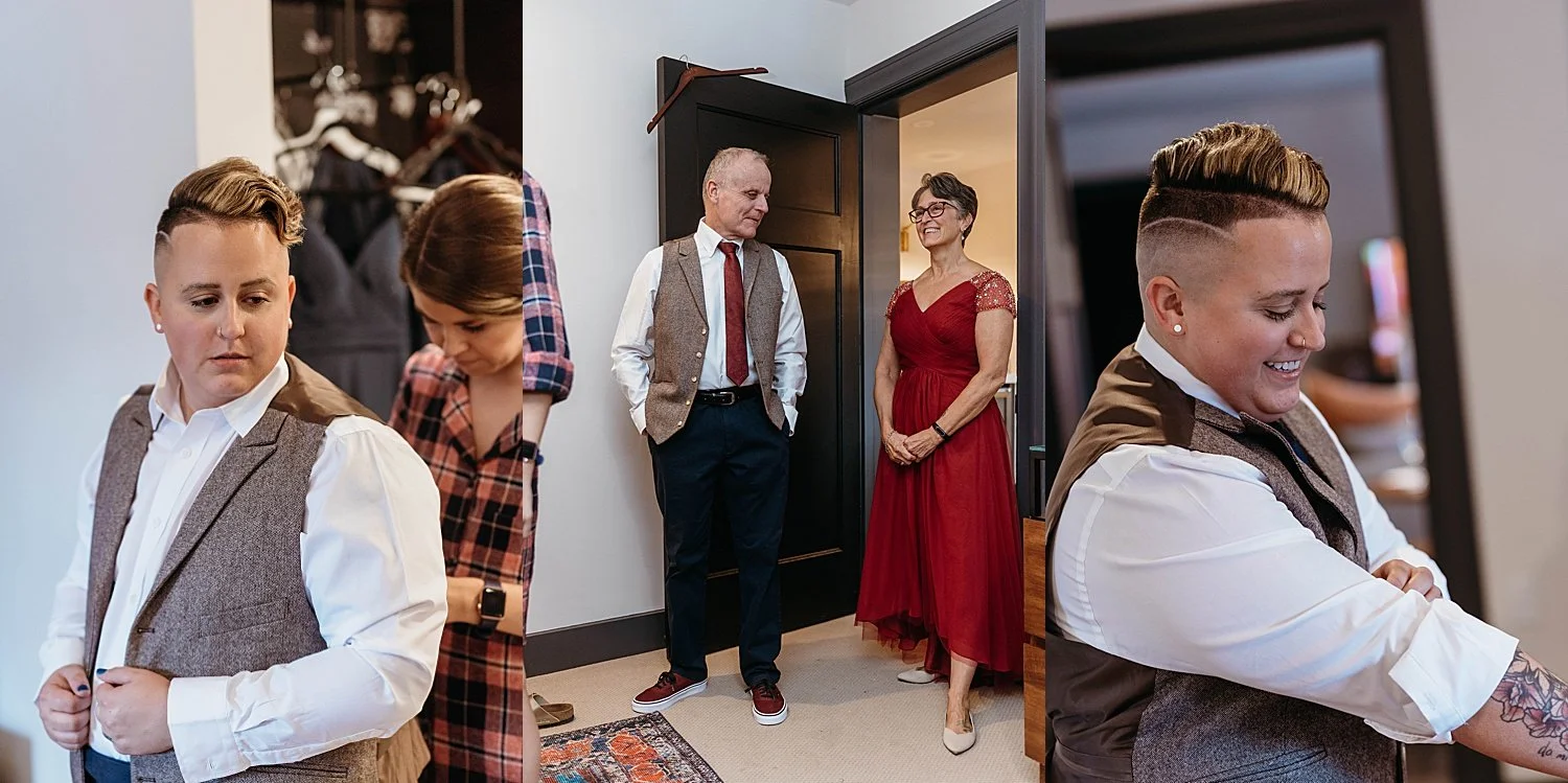 Groom gets ready with his parents in their hotel room before wedding at hotel morgan in west virginia