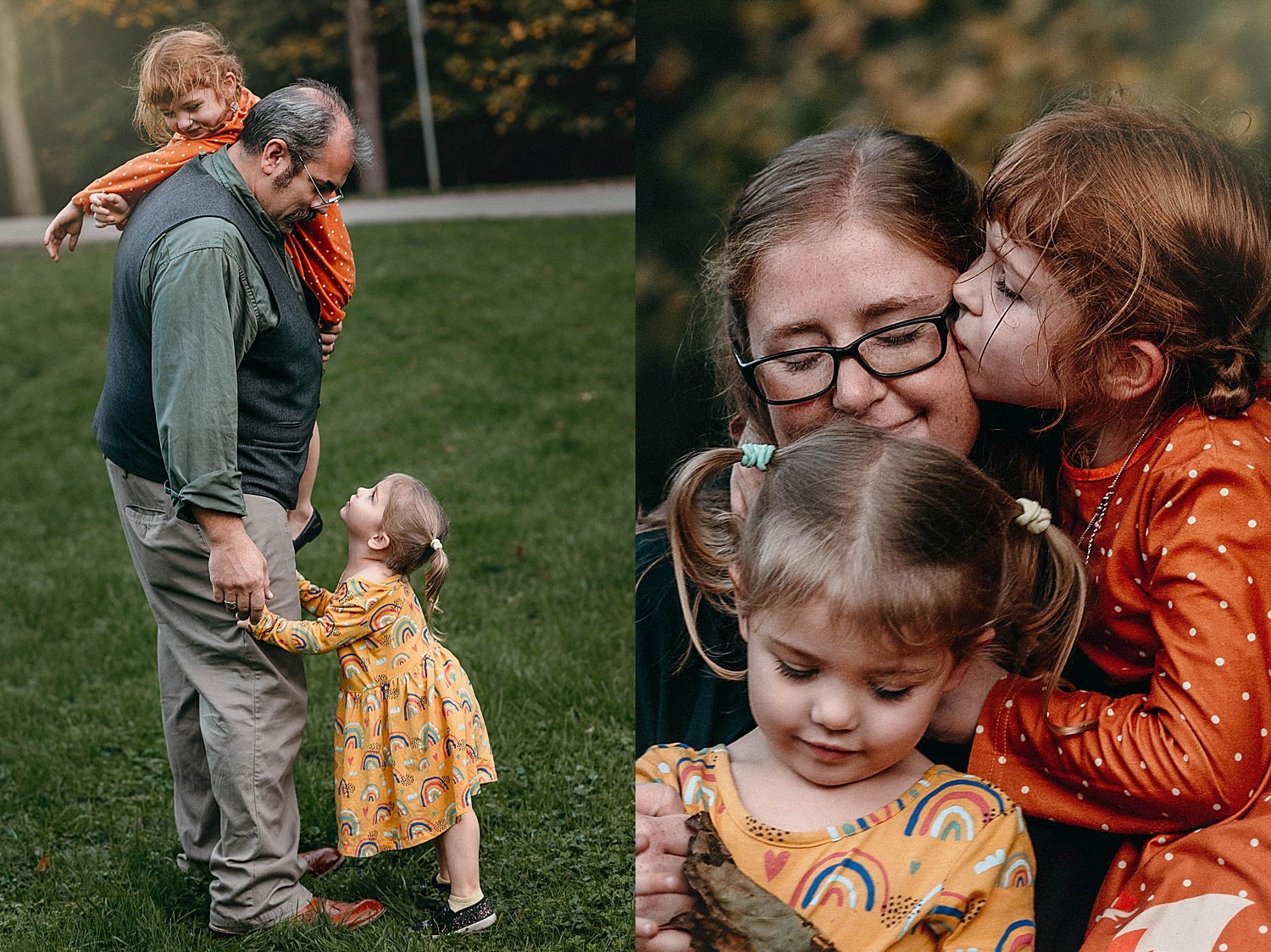a dad has one child slung over his shoulder while the other holds his hand, a mom gets a kiss from one child while holding the other in her lap