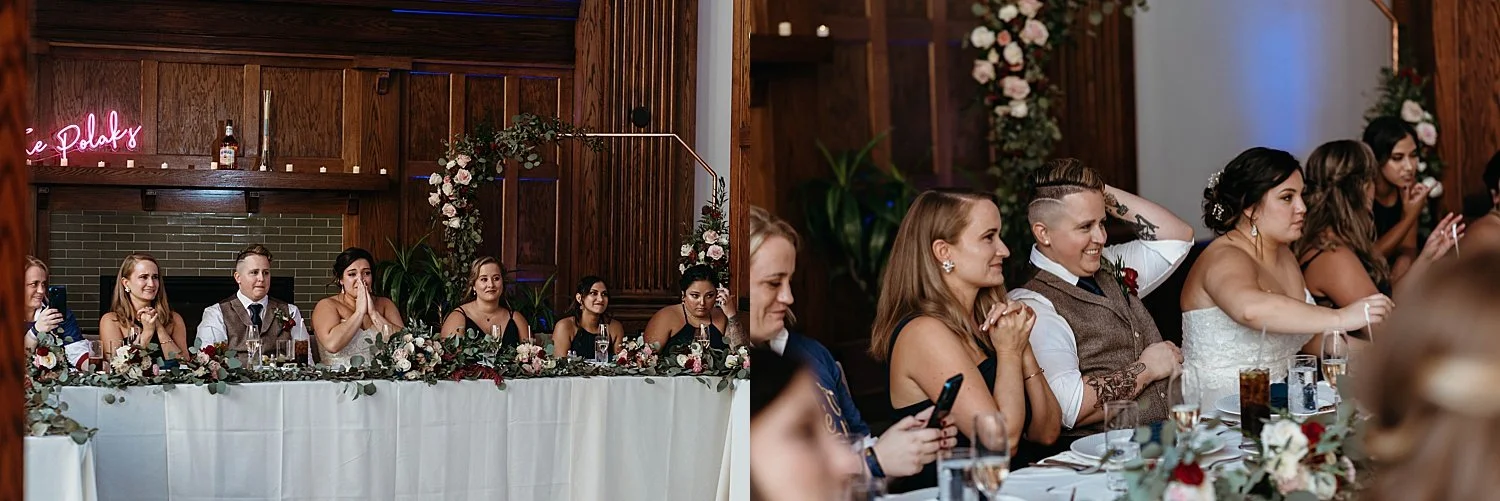 Reaction shots of wedding party who are listening to speeches
