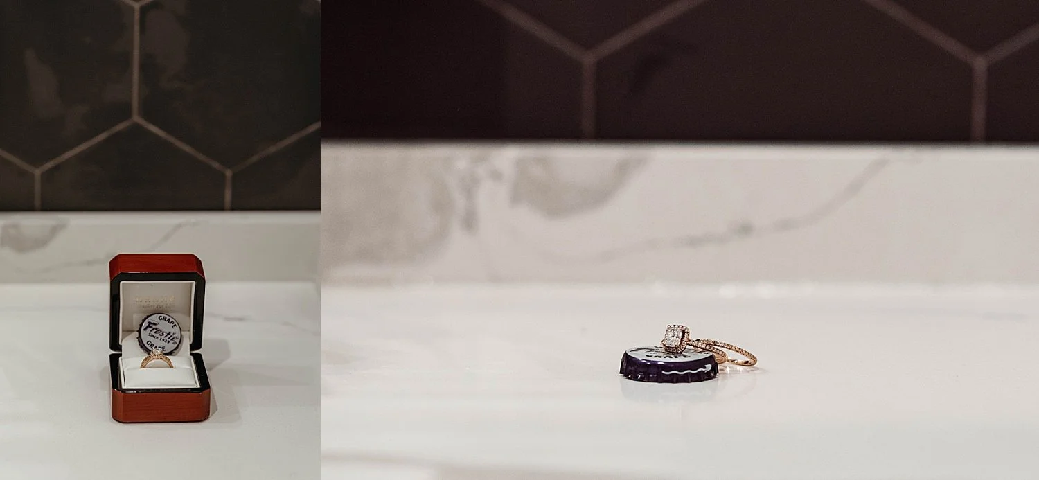 Close up detail shot of engagement ring with grape soda top.Queer wedding photographer Morgantown, WV