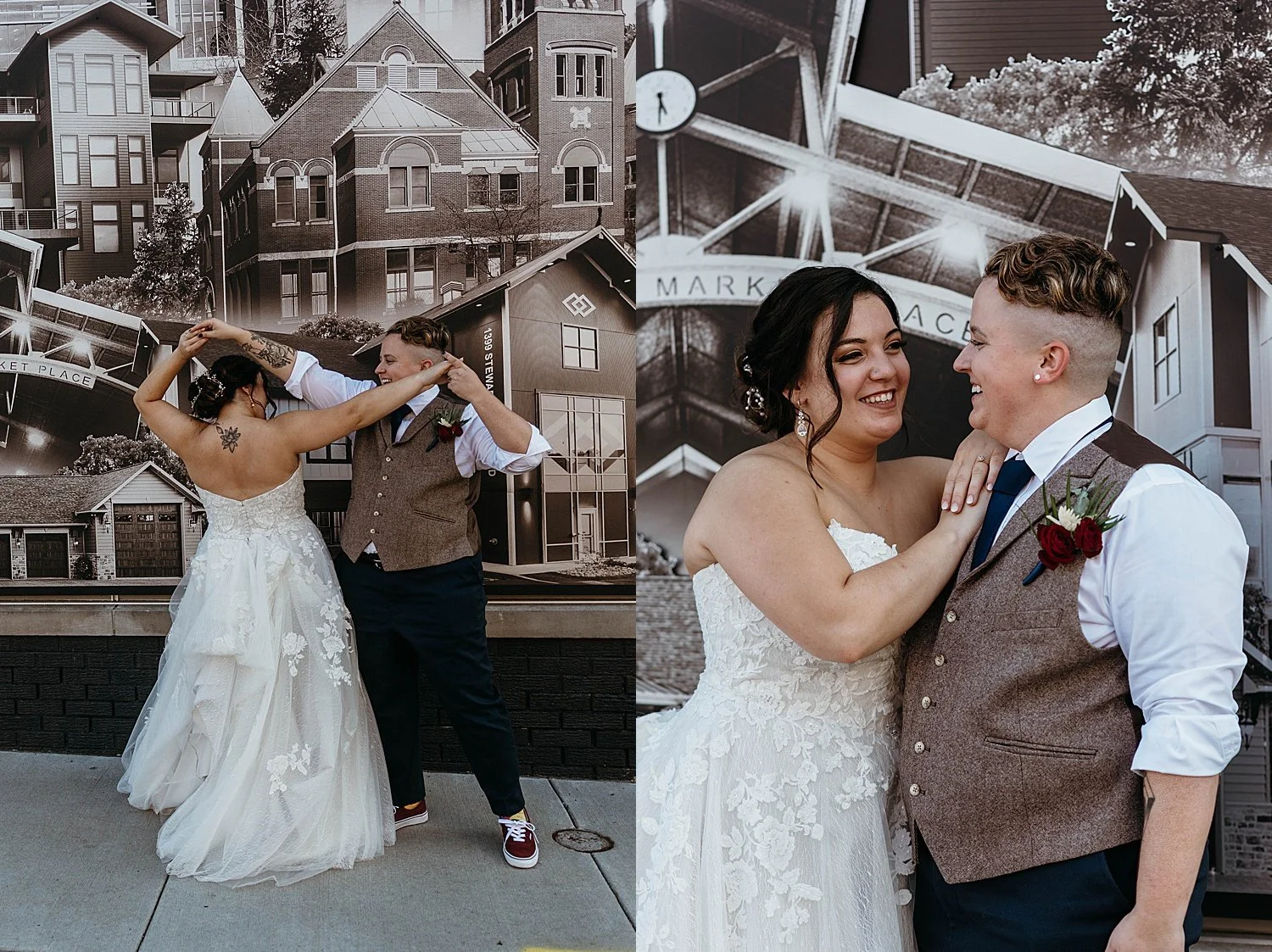 The bride and groom are practicing a dance move where they each put an arm behind the others' head.