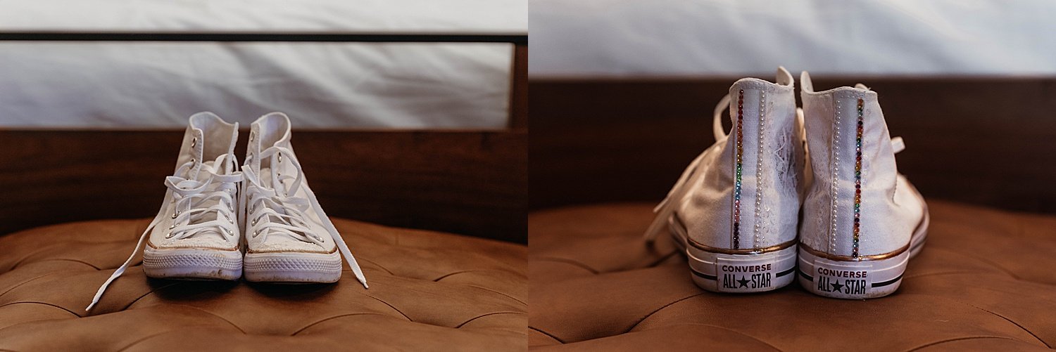 bridal shoes, white chuck taylor canvas high tops with a row each of pearls and rainbow rhinestones on the backs