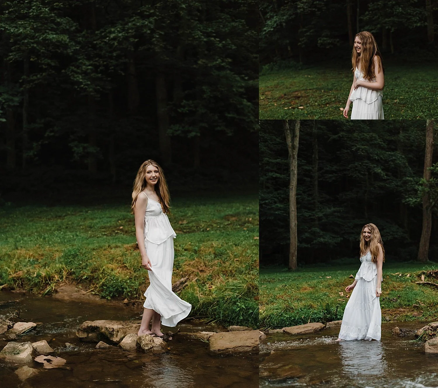 a young woman poses in the creek at mingo park, she has long blonde hair and is wearing a flowing white dress, she poses for senior portraits