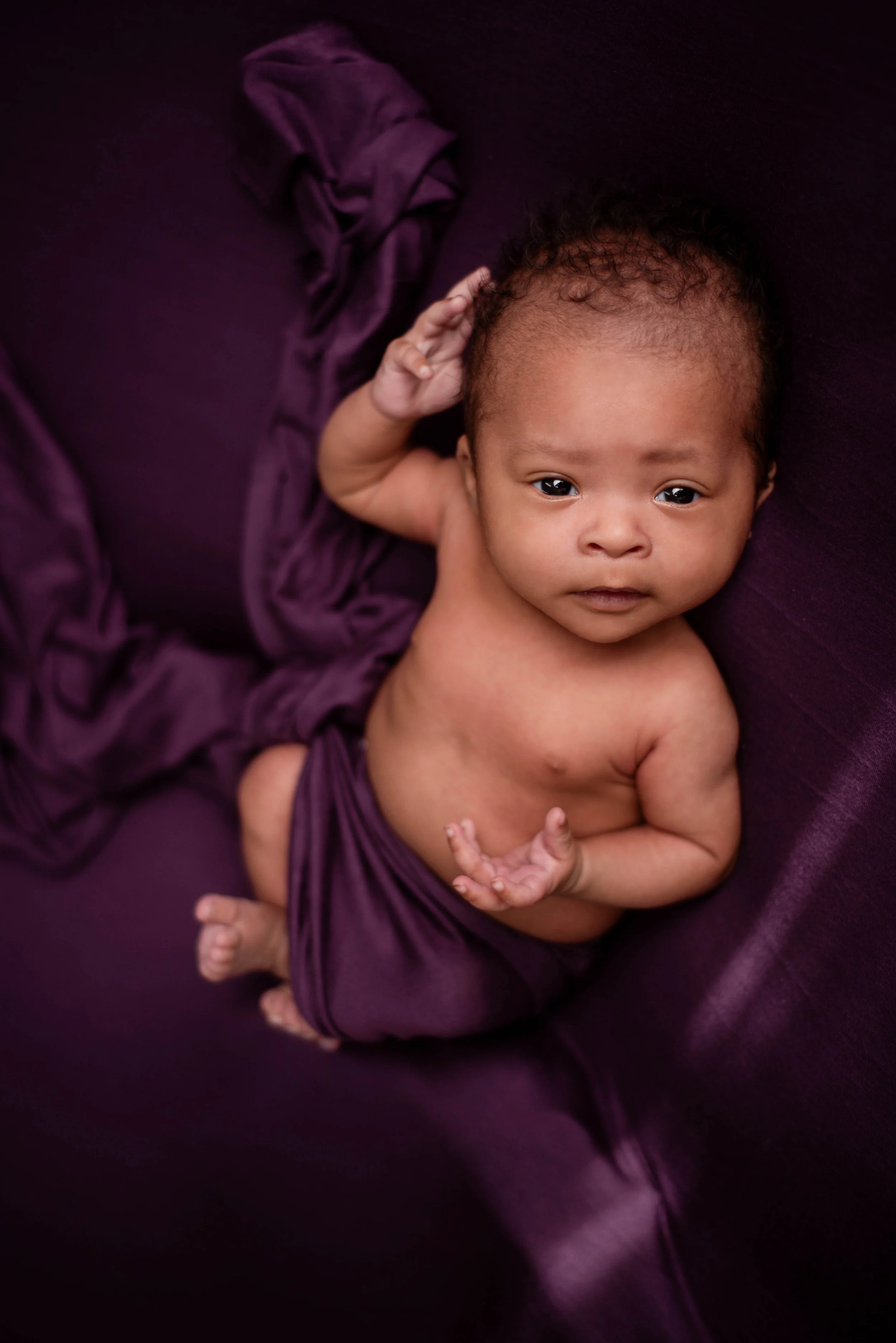 A baby with curly hair laying on a purple blanket, looking up at the camera with a curious expression, partially covered by a purple cloth. Studio newborn portrait, Brownsville PA.