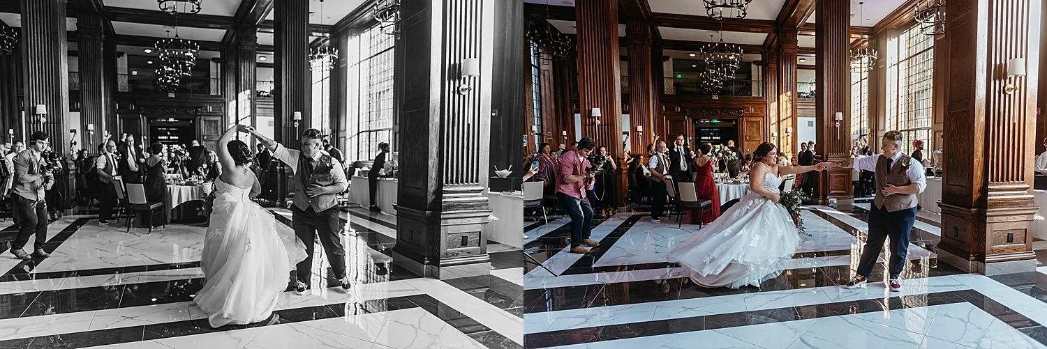 The bride ang room walk into the reception, the groom spins the bride and her dress flows