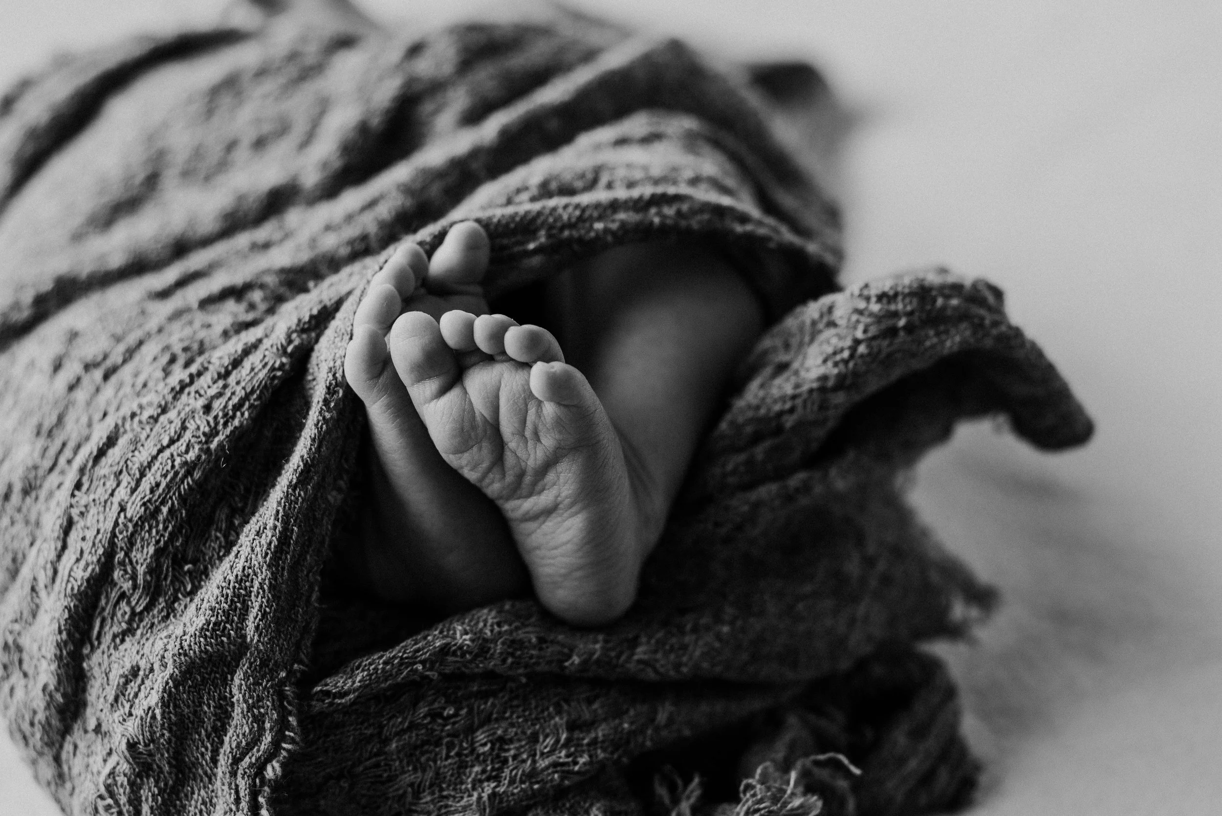 A close-up black and white photo of a newborn baby's hand sticking out from under a striped blanket. Studio newborn portrait, Brownsville PA.