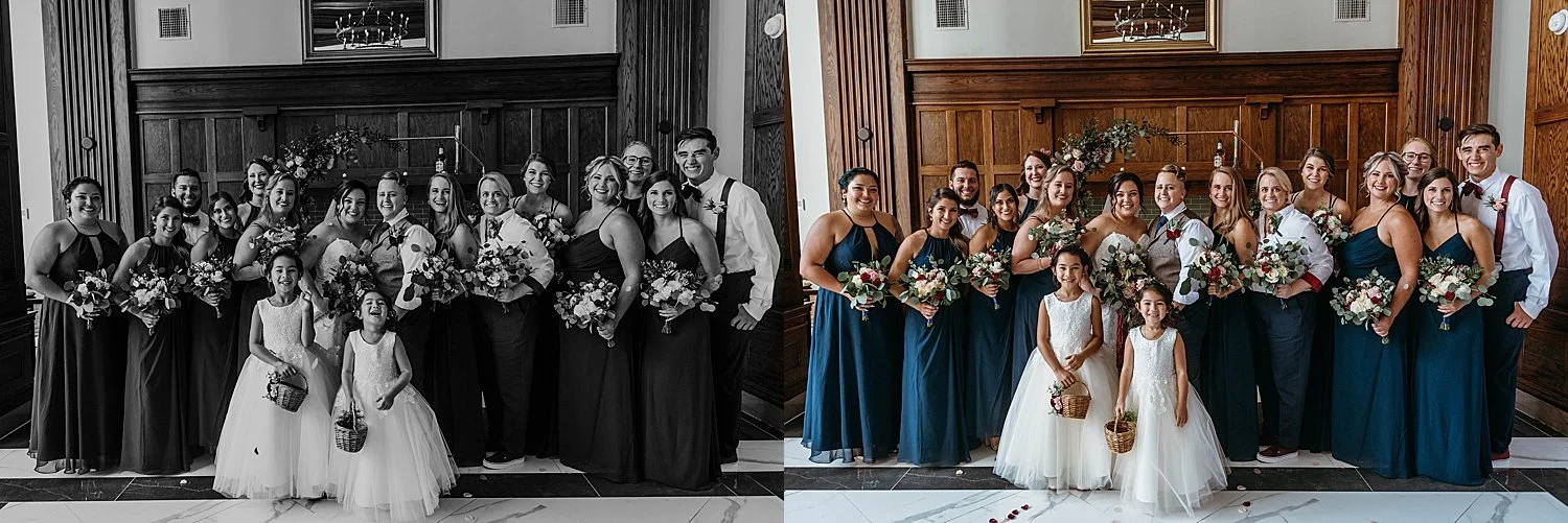 wedding party group photos taken inside the hotel morgan