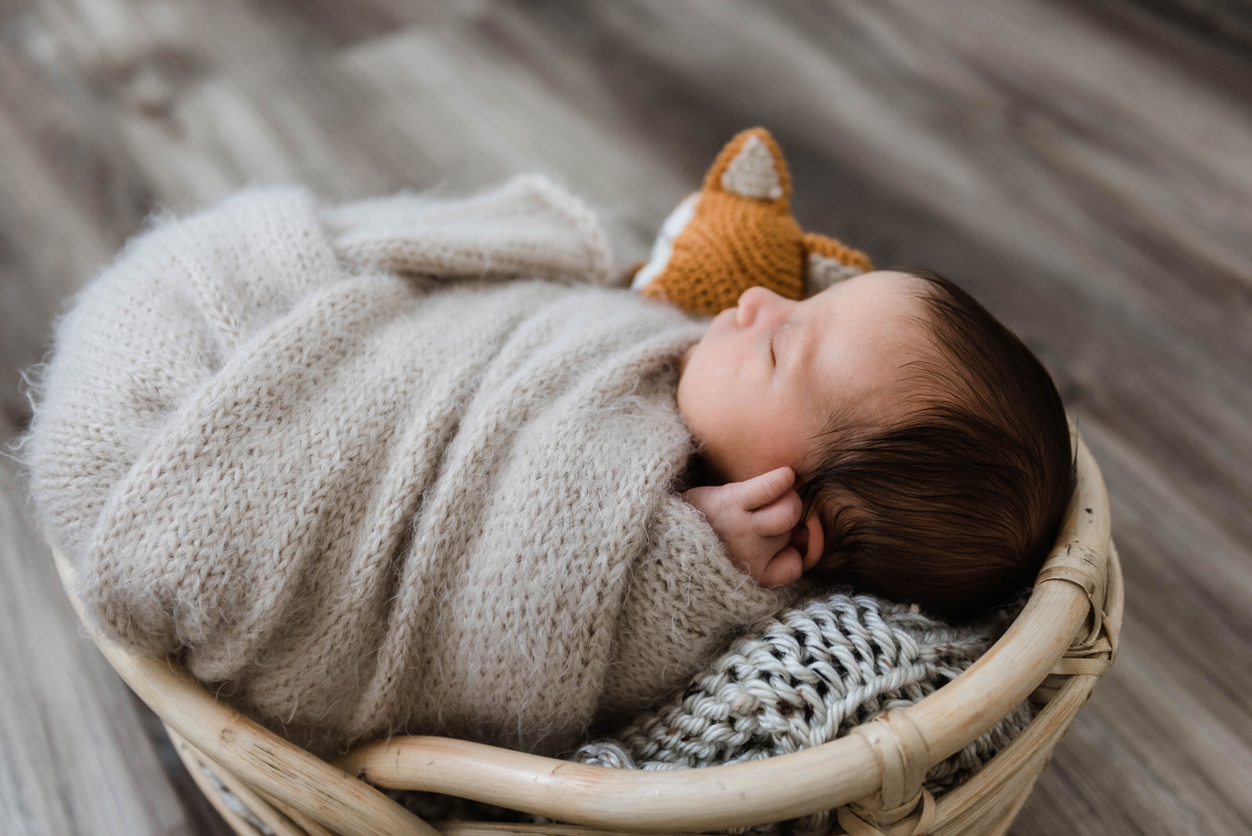 A sleeping baby bundled in a cream knit blanket, resting in a wicker basket on a wooden floor, with a knitted fox toy near the baby's face. Studio newborn portrait, Brownsville PA.