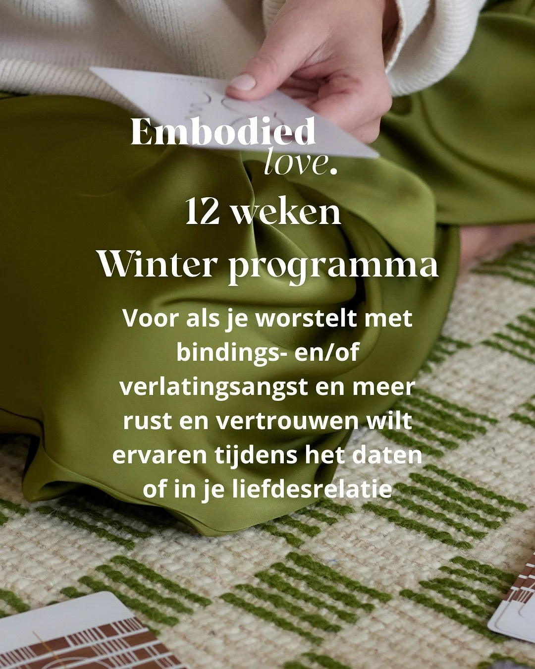Van liefdesangst naar vertrouwen
12 weken groepsprogramma + individuele begeleiding

Voel jij vaak angst of twijfel in je liefdesrelatie of tijdens het daten?
👉 Wil je meer rust, vertrouwen en verbinding ervaren &ndash; in jezelf &eacute;n met een a