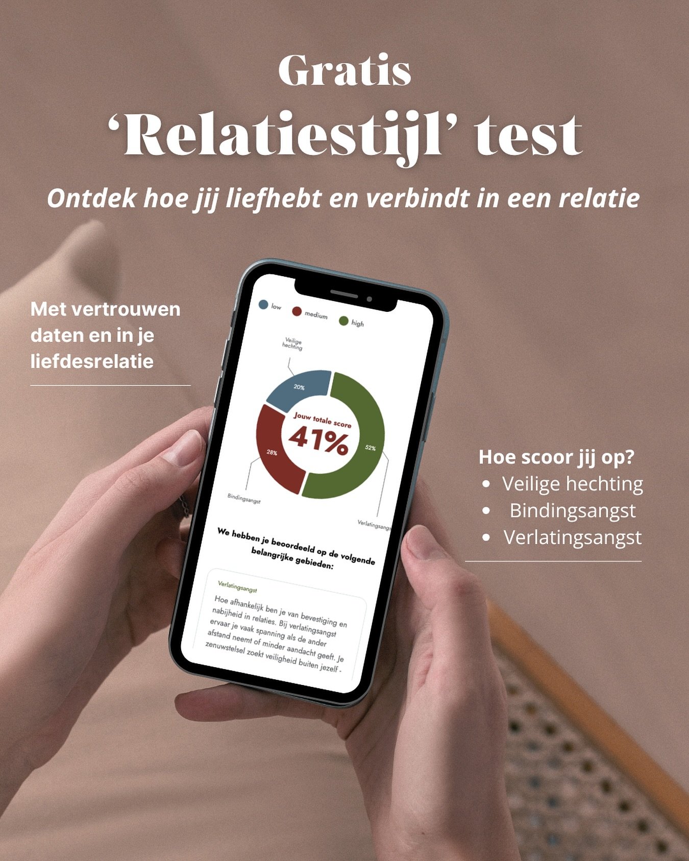 ✨ Ontdek jouw relatiestijl ✨

Hoe reageer jij &eacute;cht op liefde en nabijheid? Trek je je terug, zoek je bevestiging, of voel je je veilig in verbinding? 💛

In slechts 3 minuten en 18 vragen krijg je inzicht in jouw patroon in relaties &ndash; en