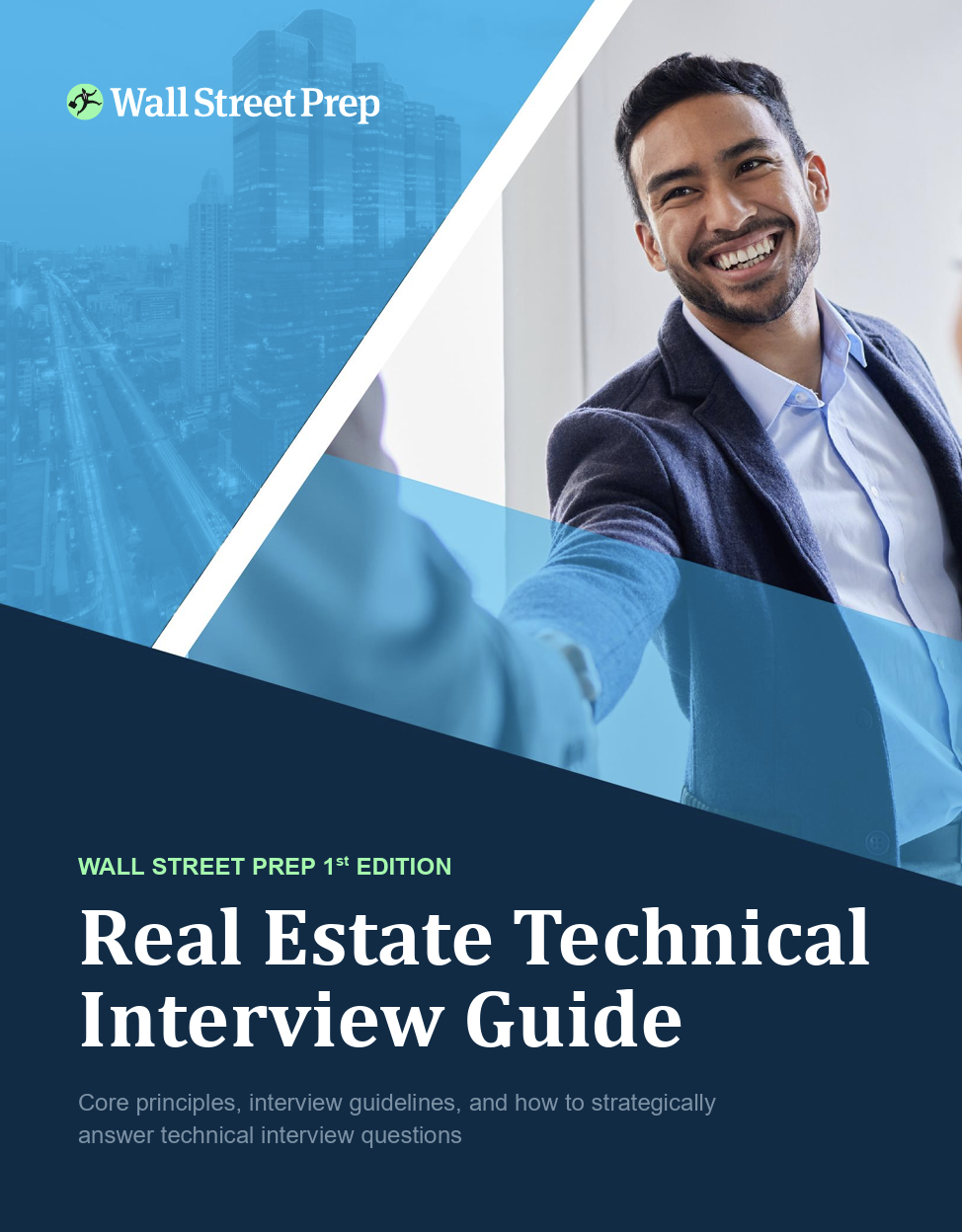 Cover of Wall Street Prep's Real Estate Technical Interview Guide featuring a smiling man shaking hands.