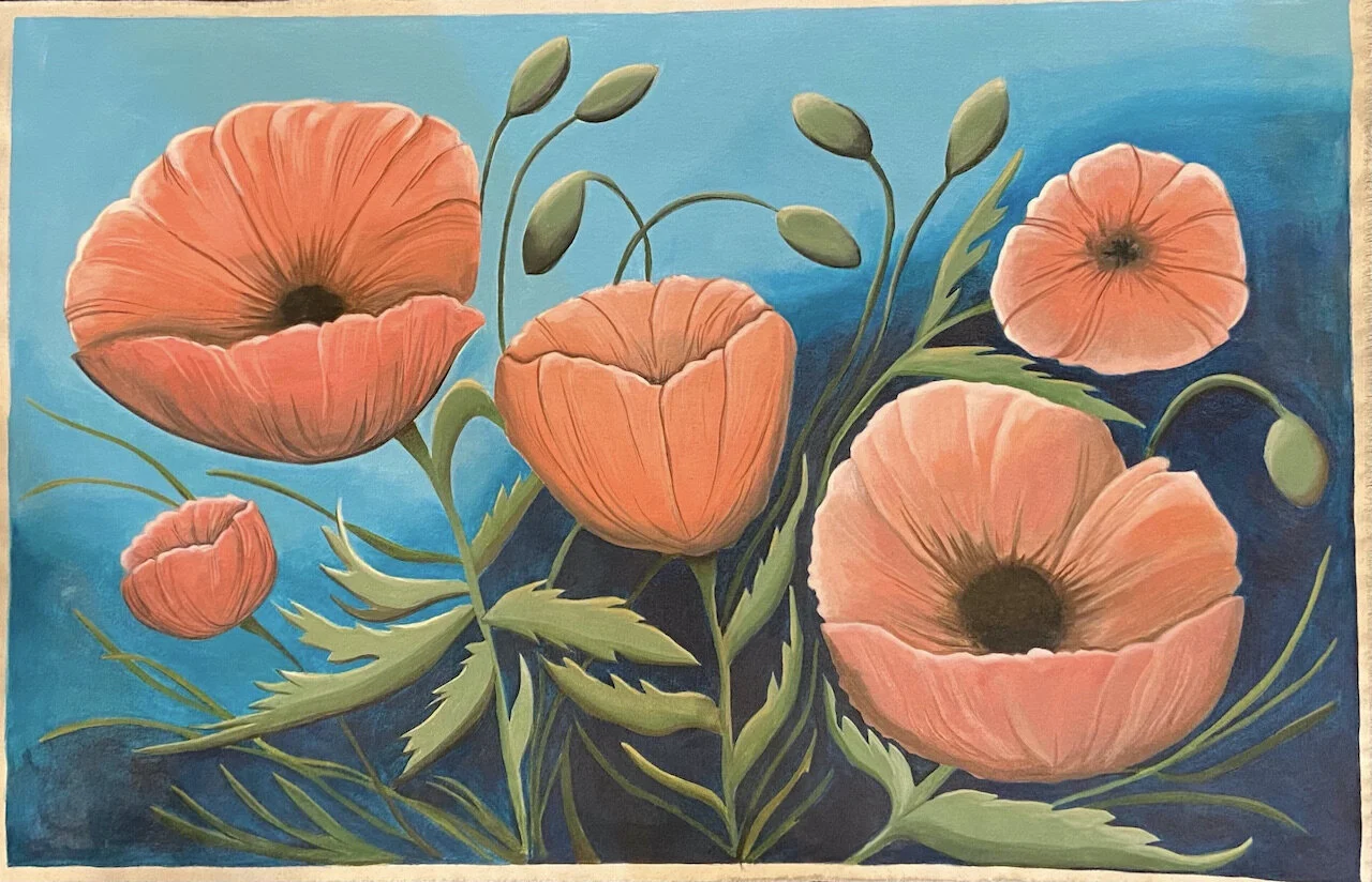Grandmother's Poppies 
 20x30” - Acrylic on canvas roll 
 This sentimental commission was inspired by a painting done by the client’s grandmother years ago.