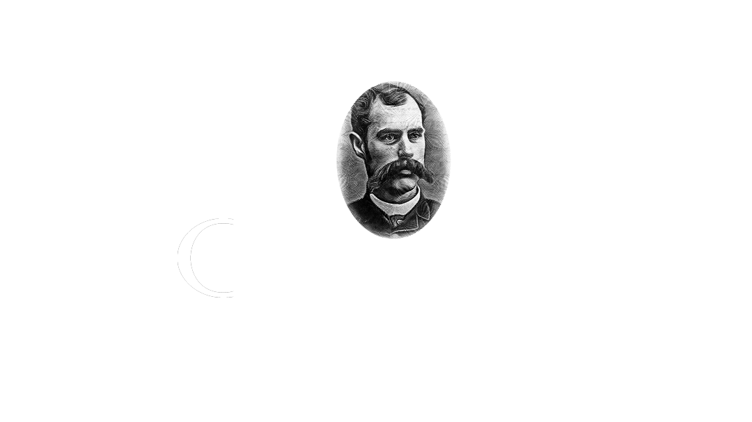 Logo for The Oliver Inn in Duluth, Minnesota, featuring a black and white portrait of a man with a beard and a mustache, with rays emanating from behind his head.