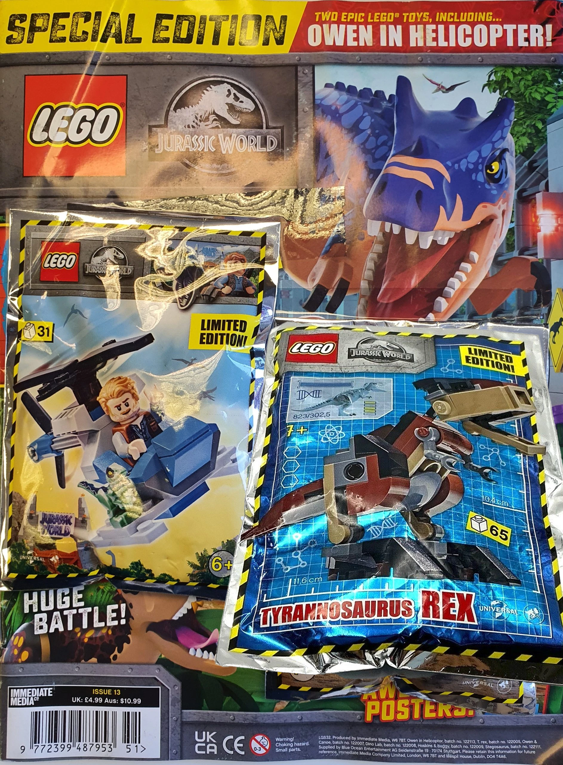 Jurassic World Magazine Issue 13 with Owen Helicopter + Tyrannosaurus Rex Foil Pack