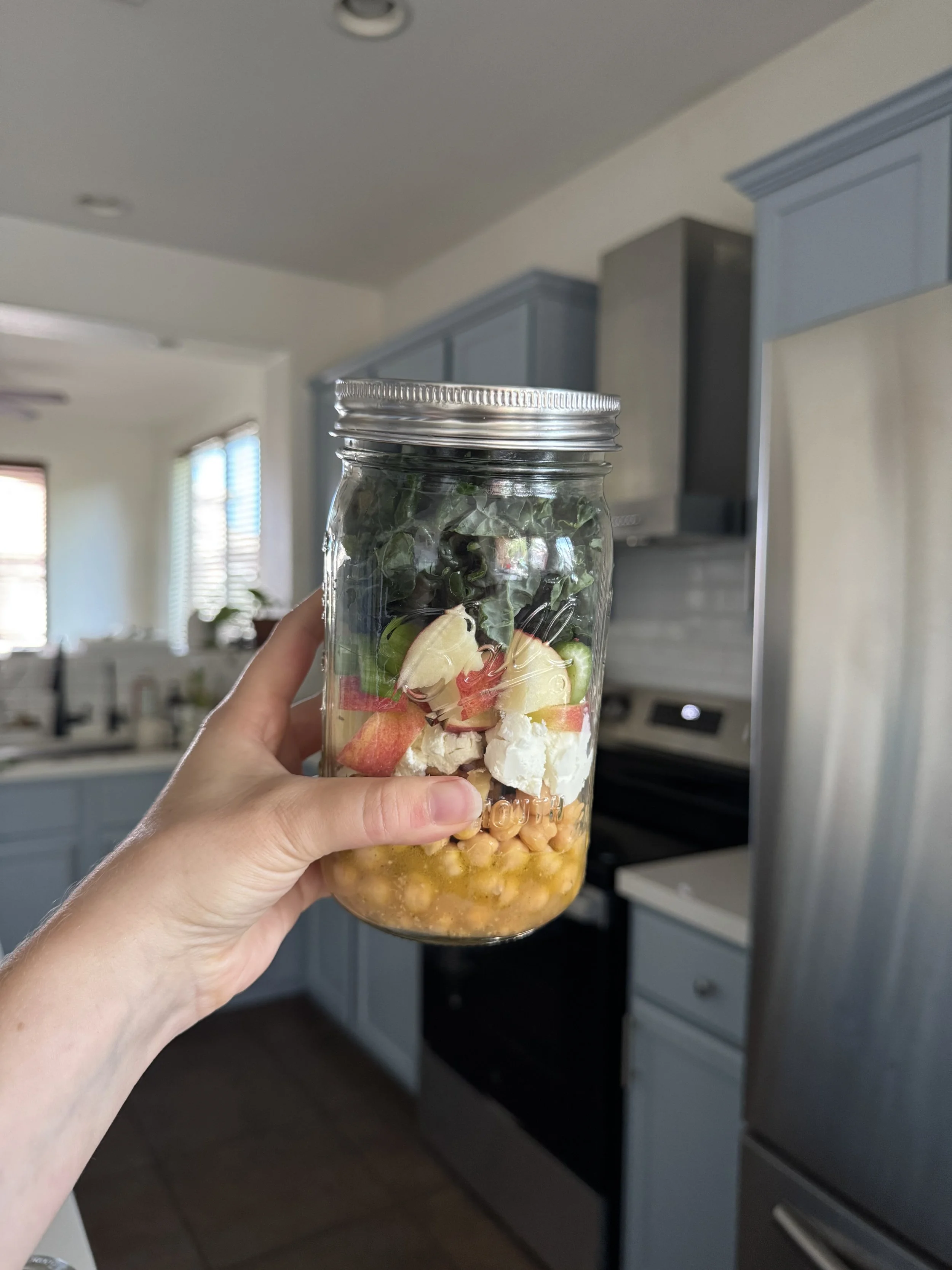 Apple And Walnut Kale Salad Jar With A White Balsamic Vinaigrette