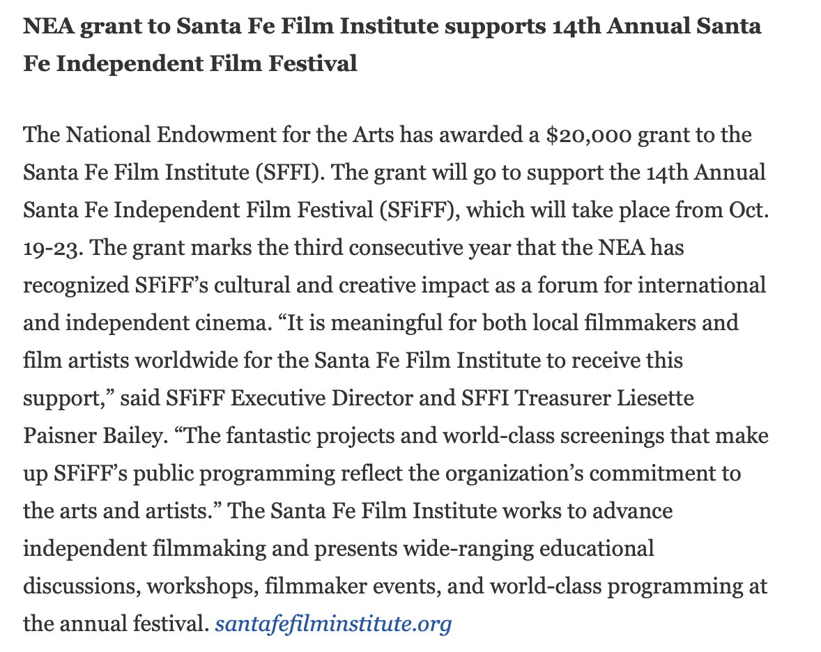 NEA grant to Santa Fe Film Institute supports 14th Annual Santa Fe Independent Film Festival