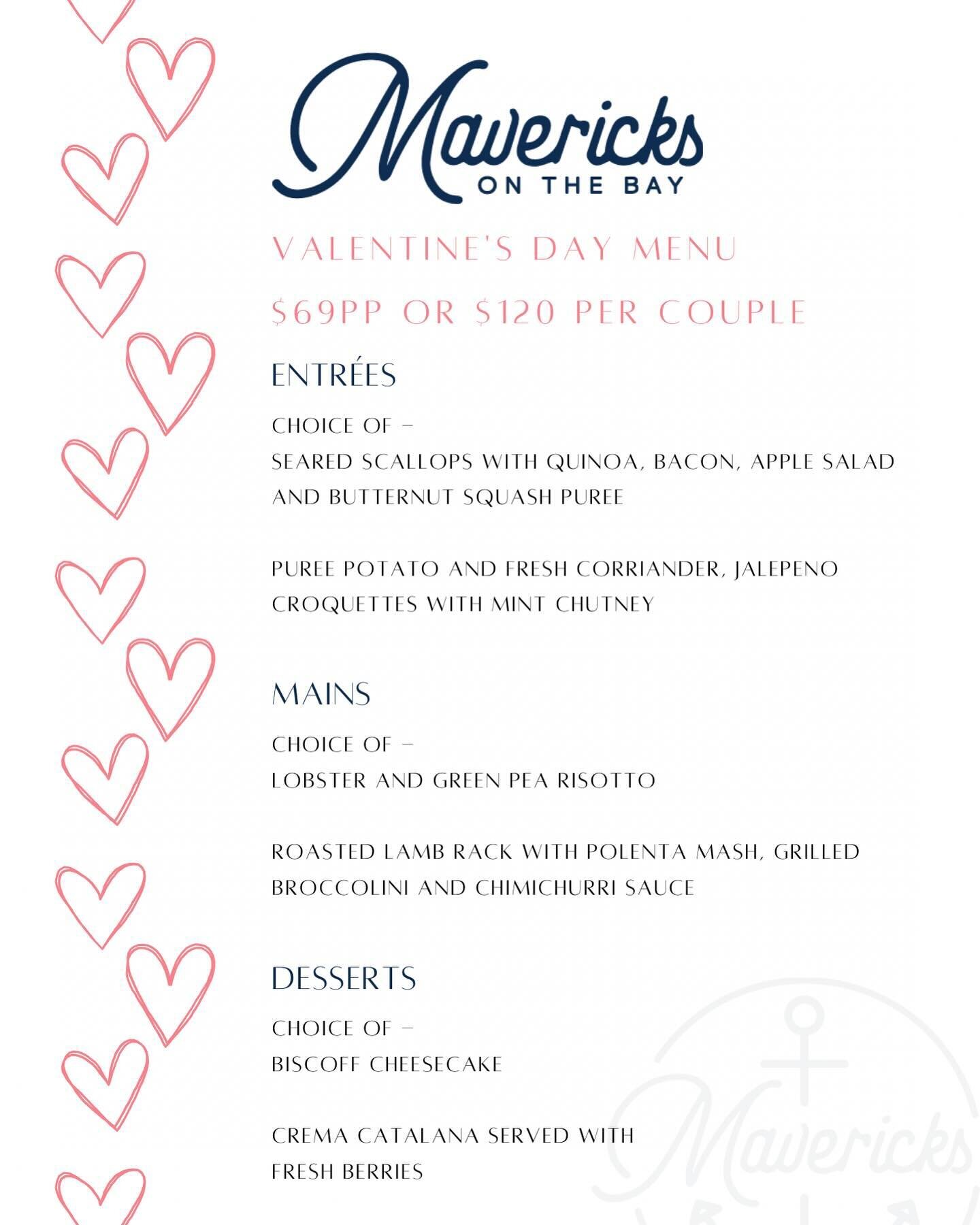 Raise a glass to love and enjoy a romantic Valentine&rsquo;s Day meal with us 🌹❣️

Bookings available for Valentine&rsquo;s Day!
Please email bookings@mavericksonthebay.com.au
Or come in and see our friendly staff to make a reservation😊