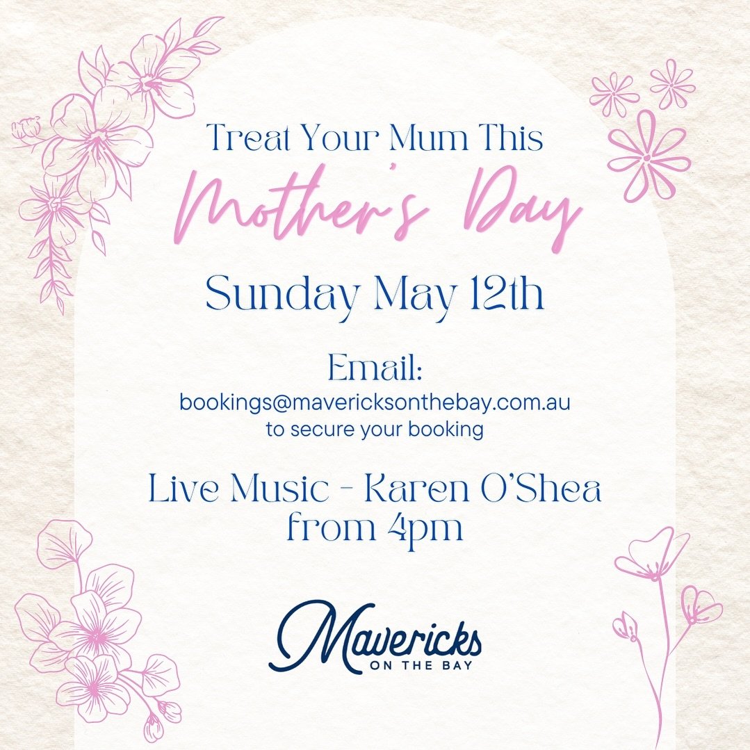 Treat mum to a special day out with lunch at Mavericks. 💙

Bookings still available, Email bookings@mavericksonthebay.com.au to secure. 

#mavericksonthebay #waterfrontdining #mothersday
