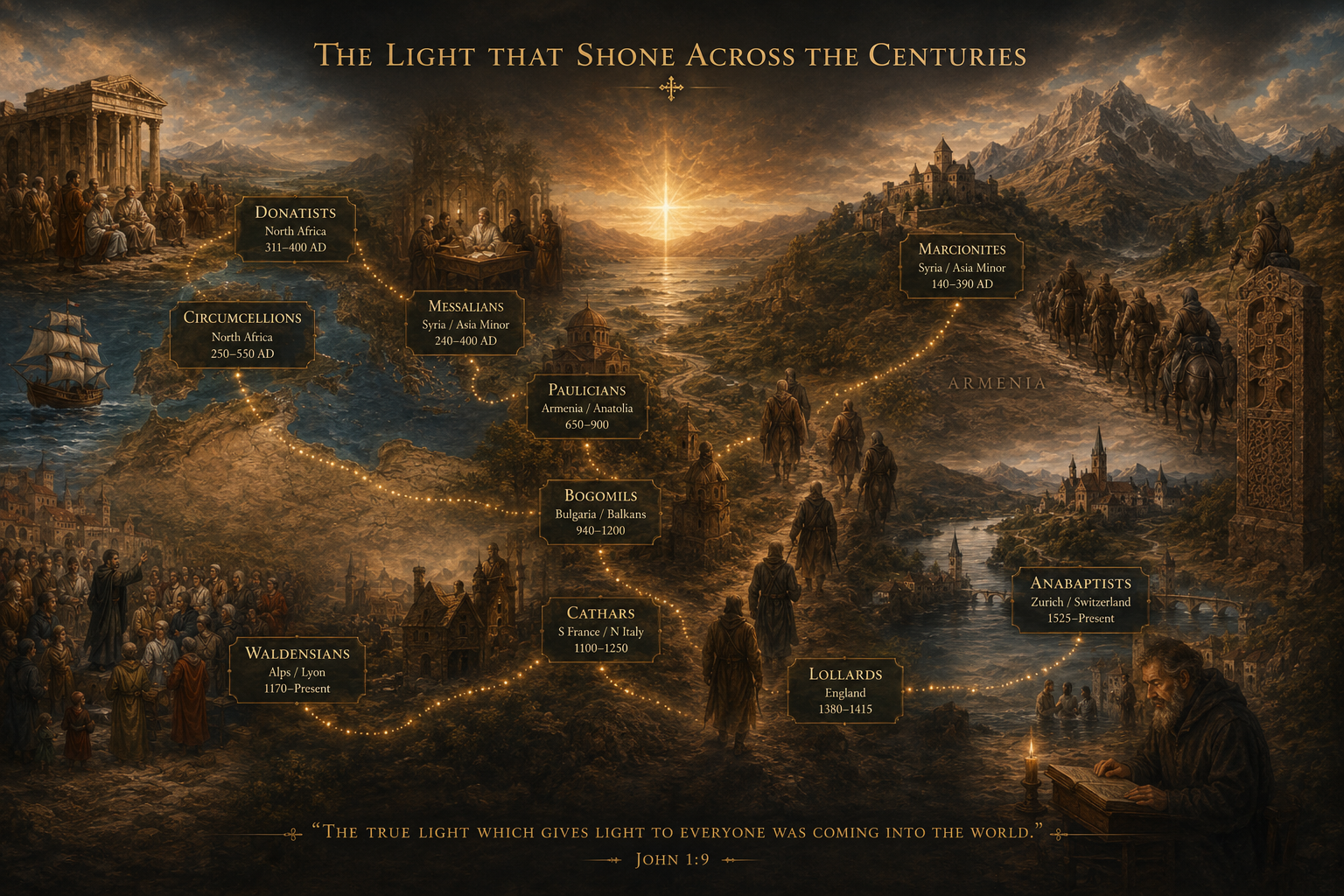 7 Dissident Churches: Donatists, Paulicians, Bogomils, Cathars, Waldensians, Lollards, and Anabaptists. The persecution of these churches by Rome and Constantinople.