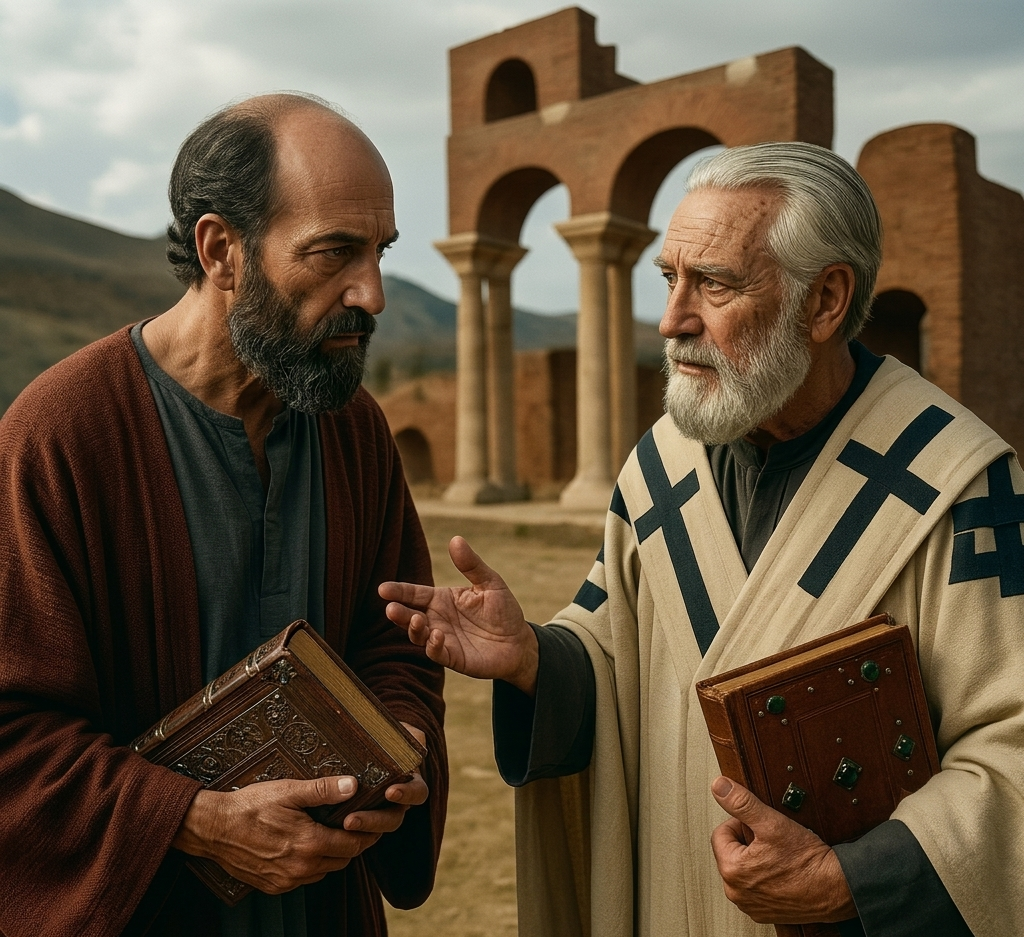 The Apostle Paul & Polycarp in front of the ruins of St. John's Basilica in Ephesus: A Challenge to the Justinian I era claim that the Apostle John lived and died, and was buried in Ephesus. 