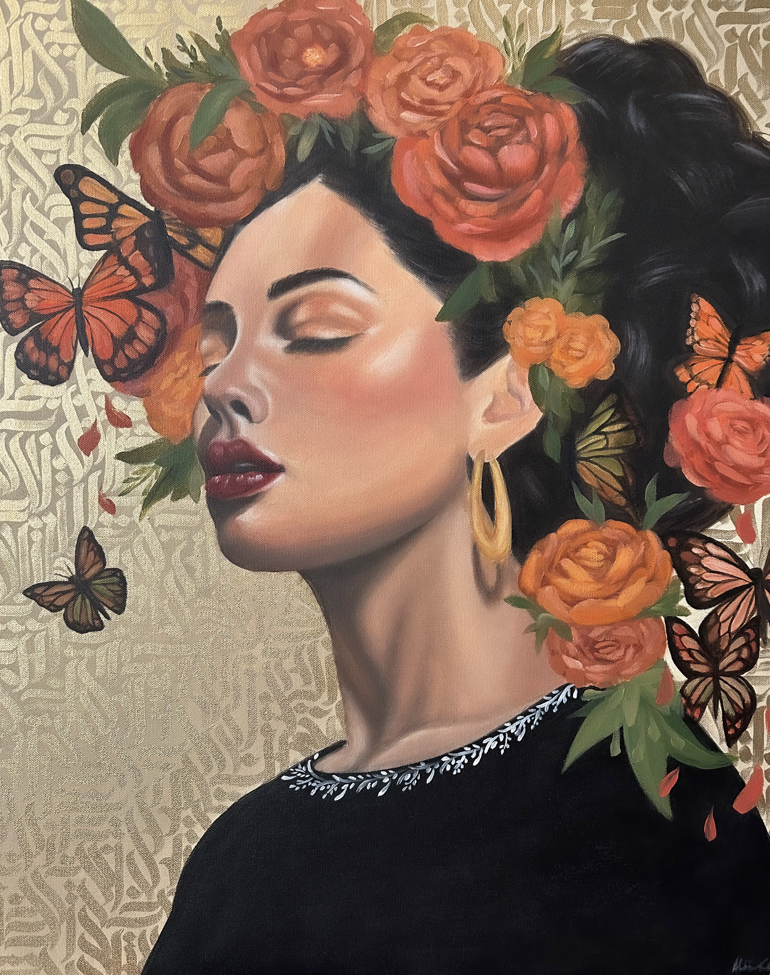 Whispers of the Monarch, 24” x 30” Acrylic on canvas, 2024.

This painting weaves together the themes of guidance, ancestral connections, and a reference to the monarch butterfly to evoke a sense of spiritual journey and reverence.