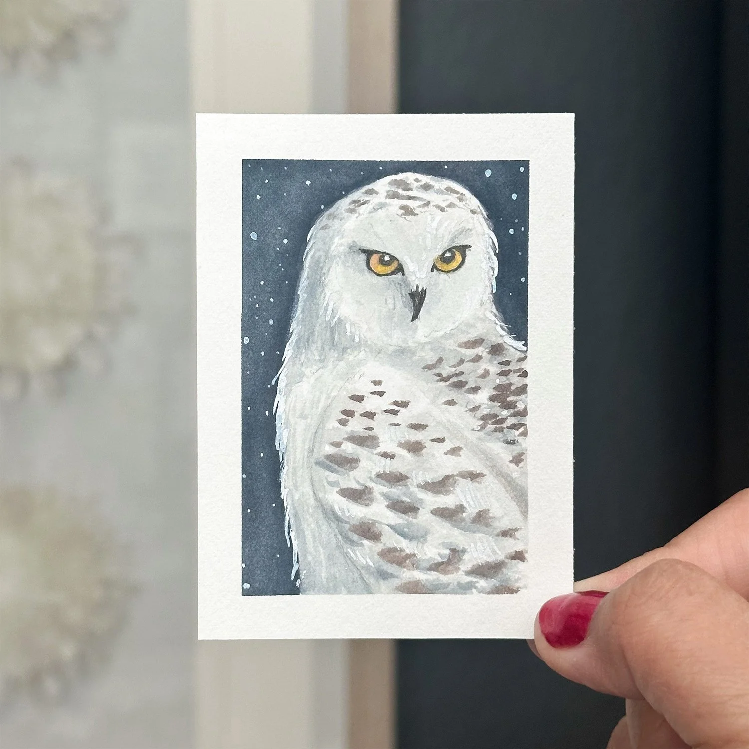 Snow Owl, Original Art Card Painting