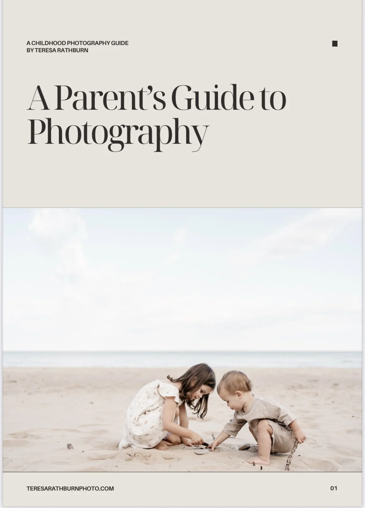 A Parent's Guide to Photography guide cover, with two young kids playing in sand on beach