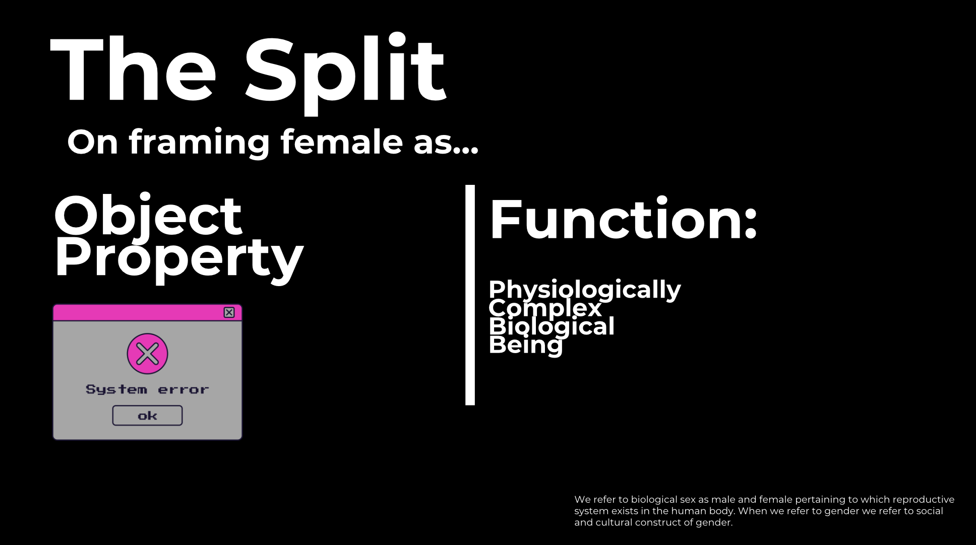 A presentation slide titled "The Split" discussing framing female object property and function. It features a system error message box with a pink header, gray background, pink X symbol, and the text "System error" and "ok." The slide explains that g