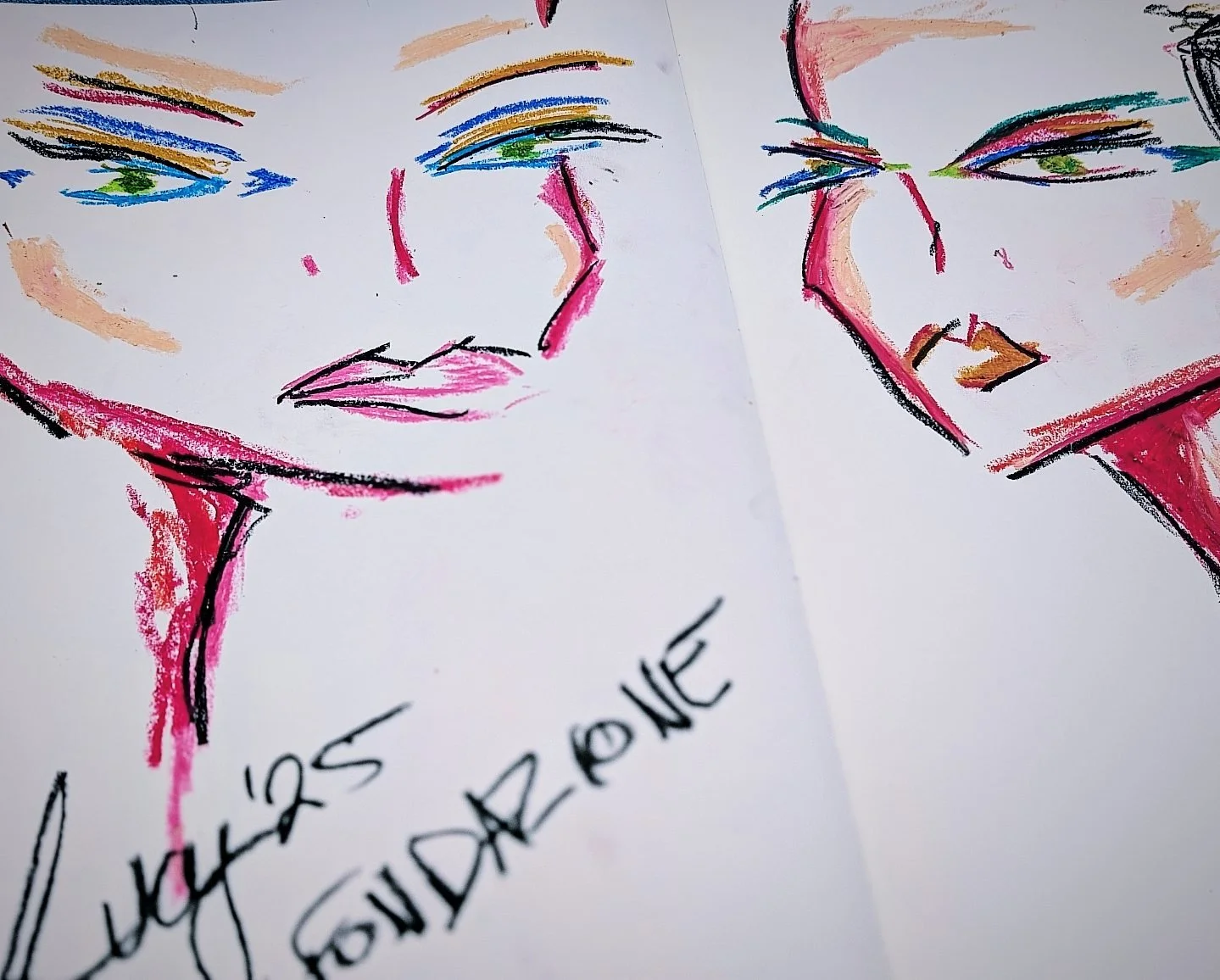 Colorful sketch of two women with distinct makeup, one with a low bun and the other with a high ponytail, drawn with markers on white paper, accompanied by handwritten text that reads "Lips" and "GUARDIAN".