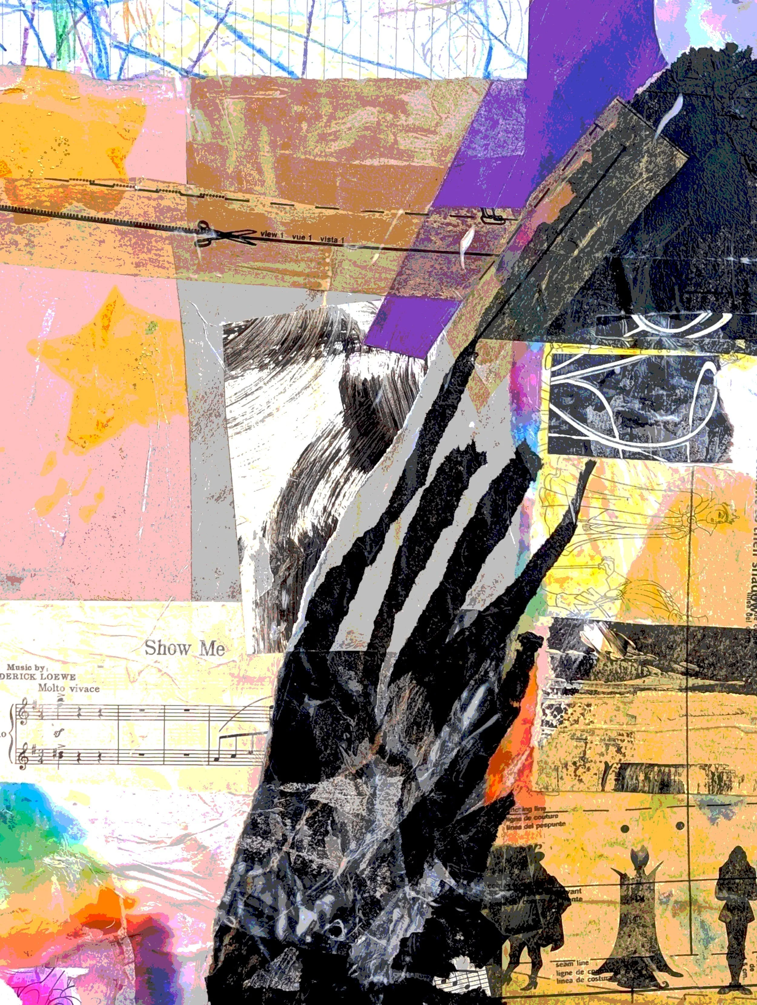 Abstract collage featuring a painted hand with black and white stripes, colorful smudges, musical notes, stars, and silhouettes of mice.
