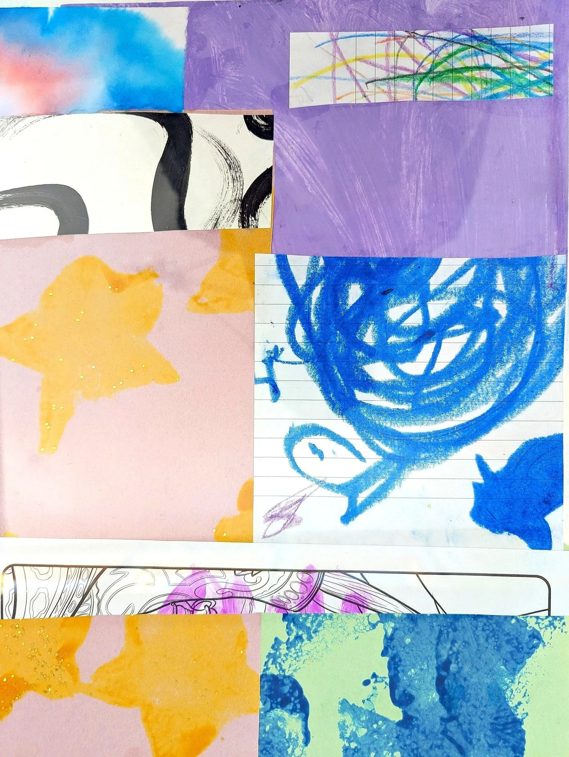 A colorful collage of children's drawings and paintings, including a blue crayon drawing of a face, yellow star-shaped cutouts on pink paper, a purple background with scribbles, and abstract watercolor backgrounds in blue and pink.