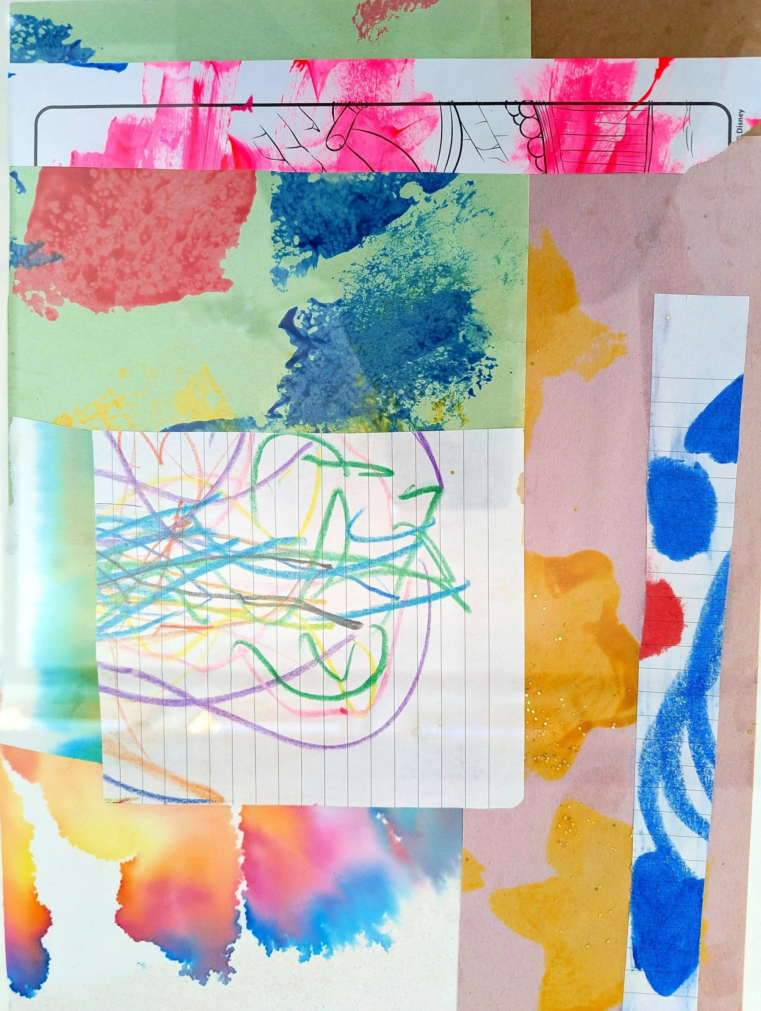 Mixed media collage of colorful watercolor splashes, crayon scribbles, and cut-out paper pieces.