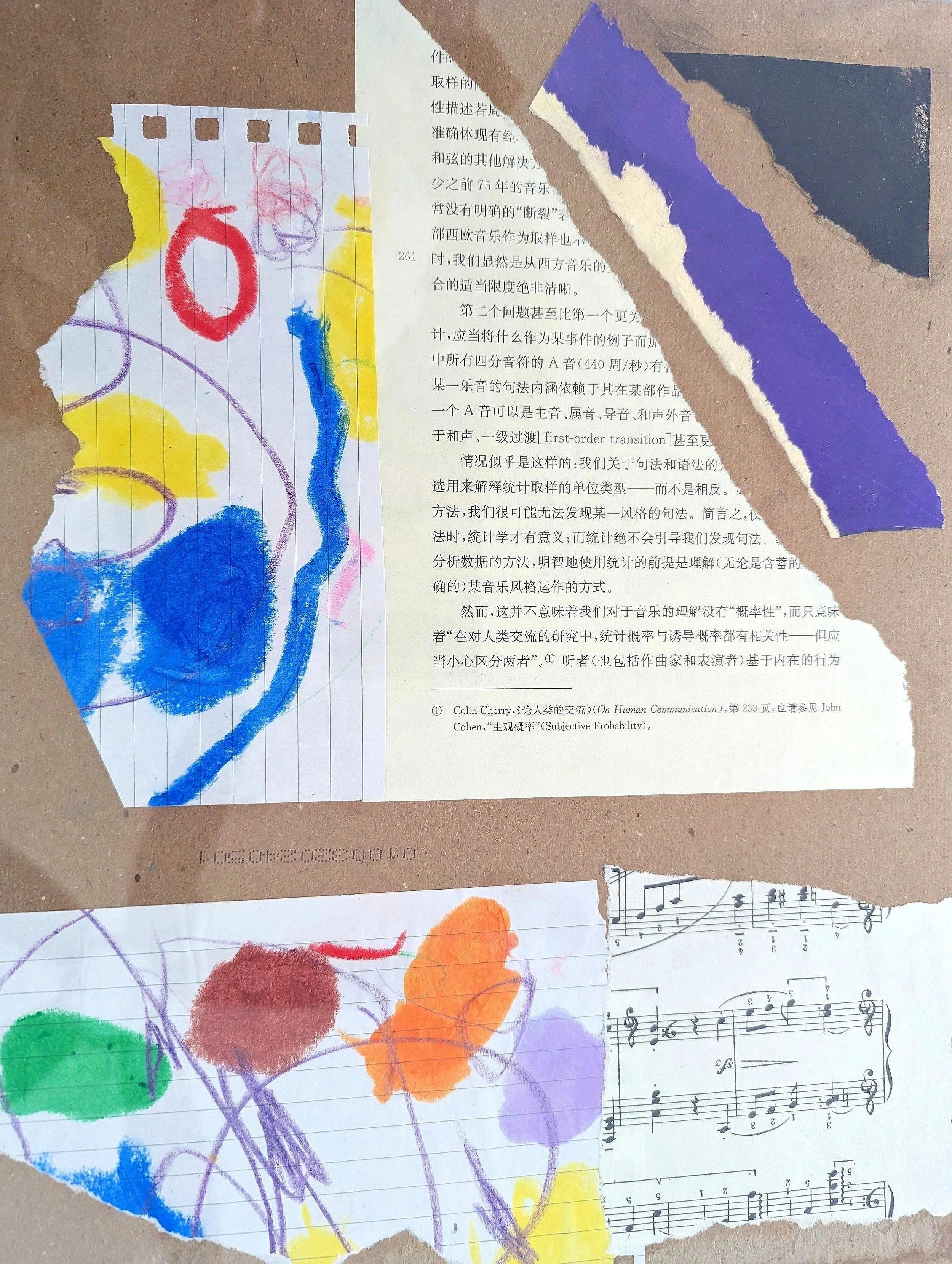 Mixed media collage consisting of torn pieces of lined paper, colored drawings, and printed text in Chinese, with snippets of sheet music, arranged on a brown background.