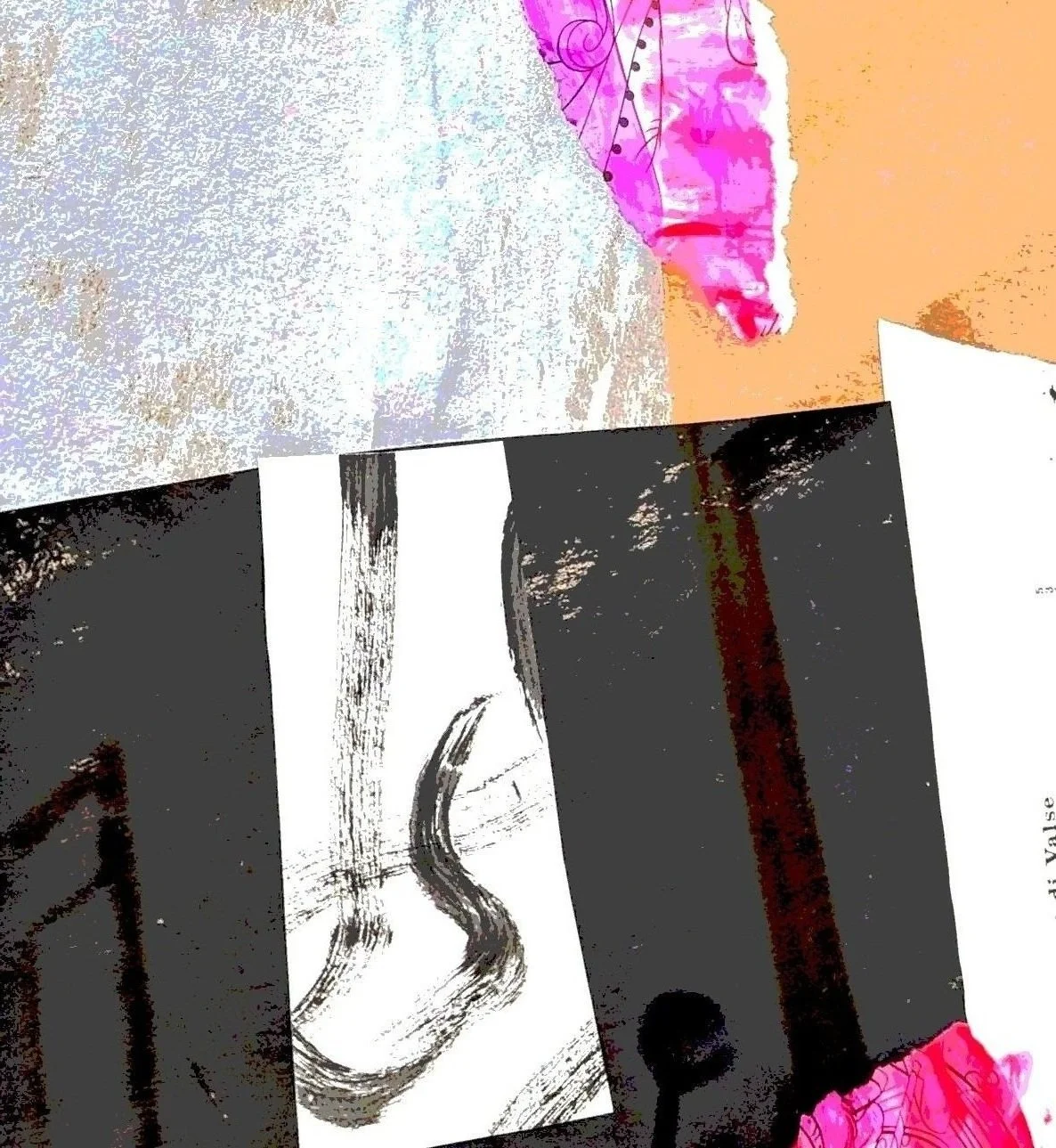 Close-up of a colorful art collage with pink, black, and white elements, including partial abstract shapes and patterns.