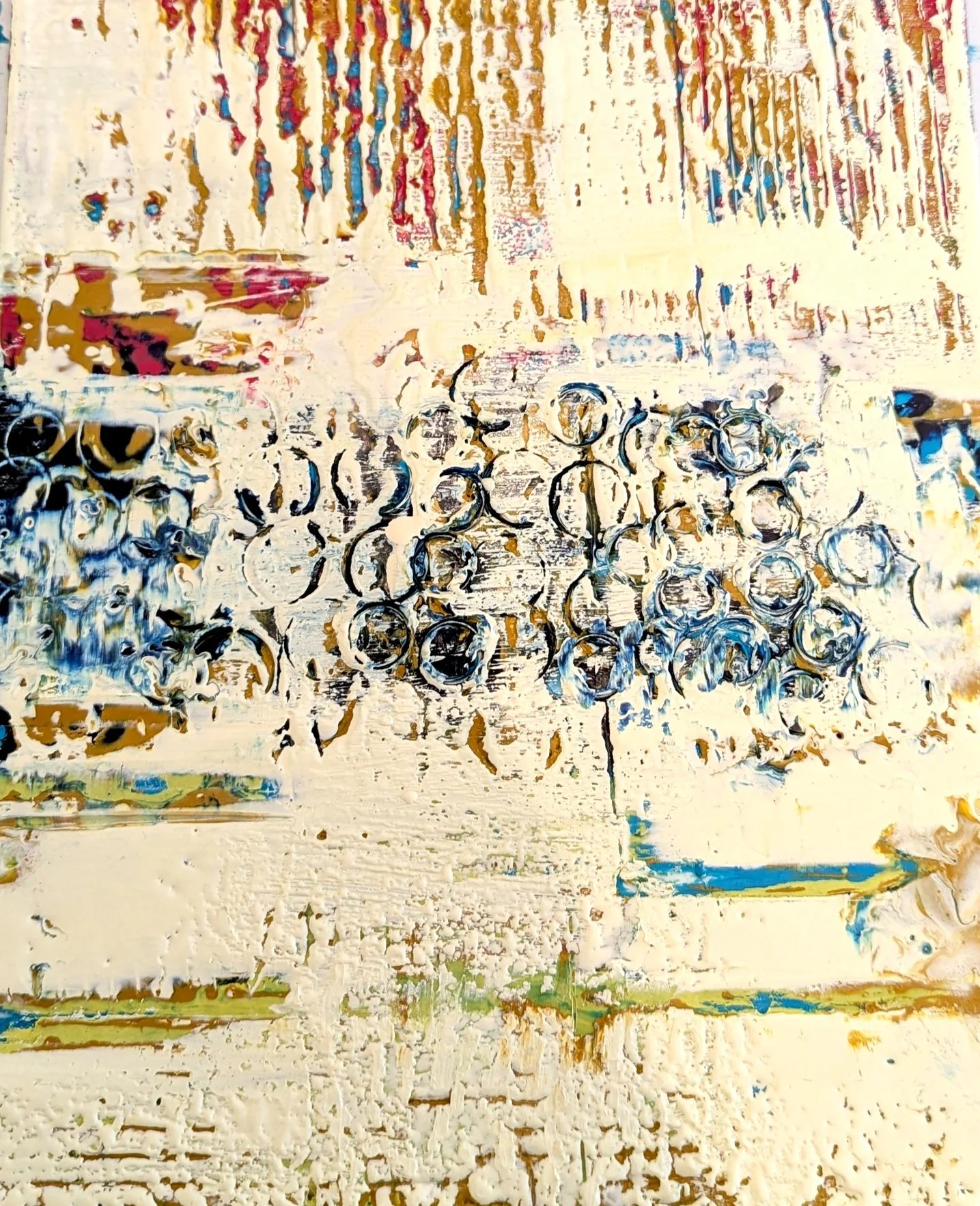 Abstract painting with swirl patterns and textured background in cream, blue, and gold colors.